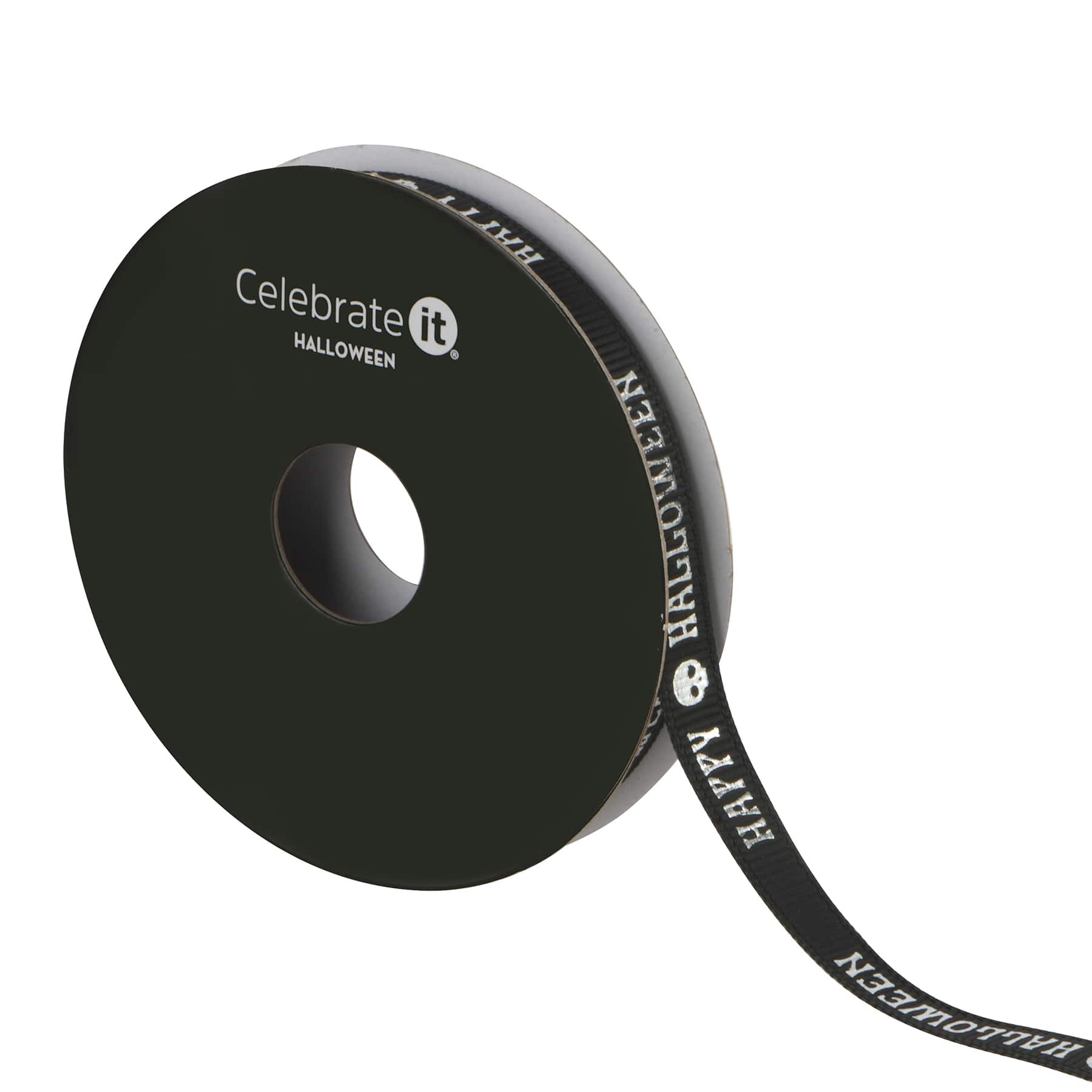 3/8" x 4yd. Black & Silver Happy Halloween Ribbon by Celebrate It®