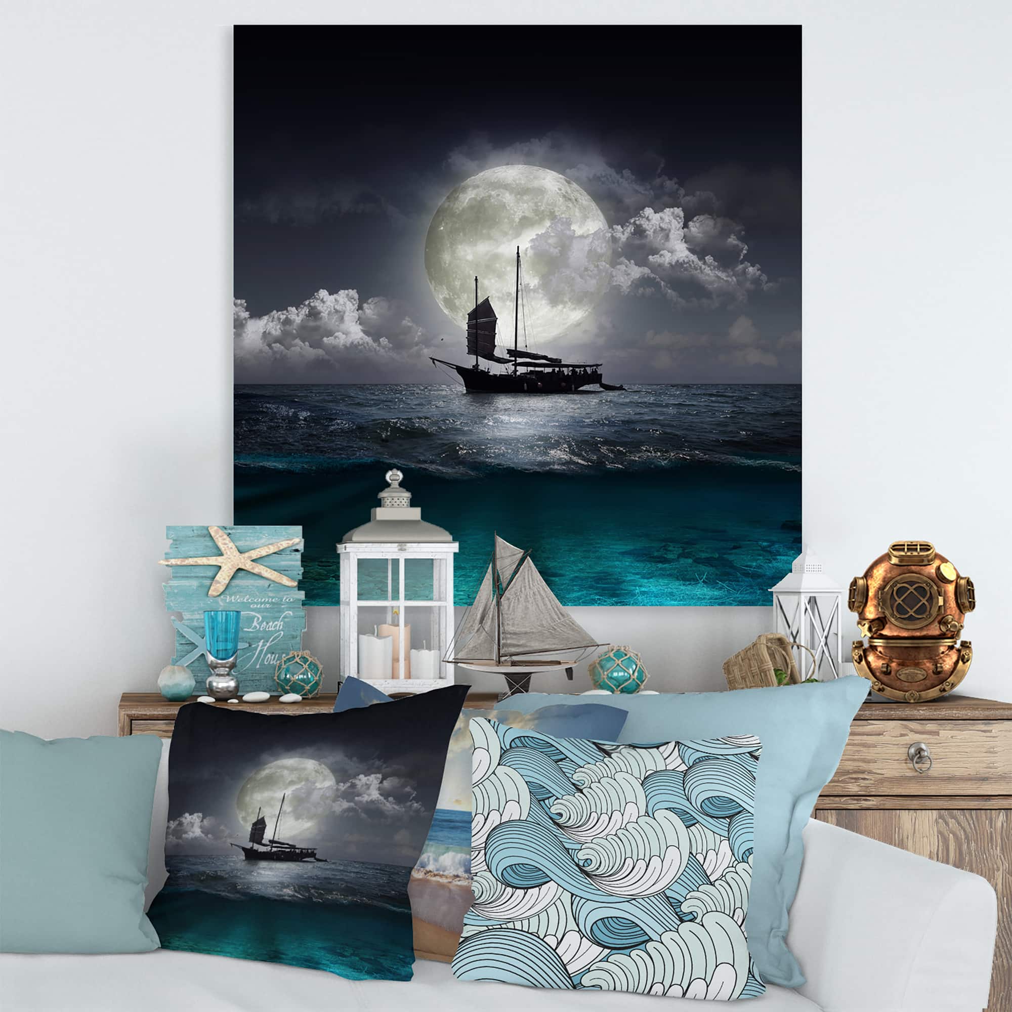 Designart - Fisher Boat On The Lake During Full Moon