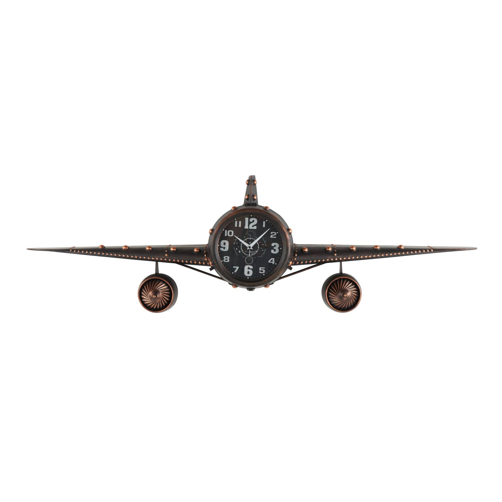 17" Dark Brown Metal Airplane Decorative Wall Clock with Copper Accents