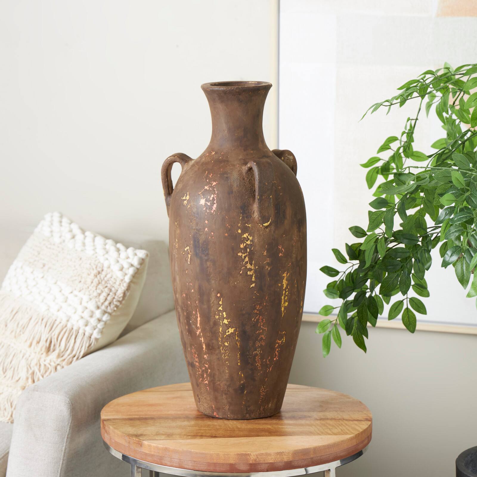 24.5" Dark Brown Ceramic Antique Style Distressed Decorative Vase with Handles