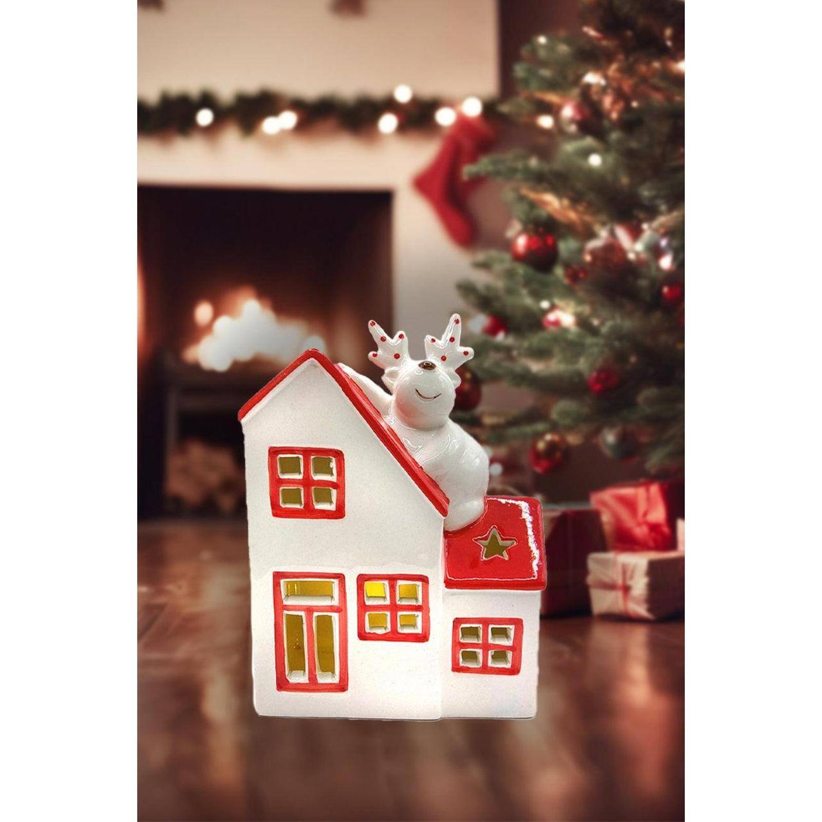 Wizardi 8.27" x 11.81" Ceramic Cottage with Reindeer Christmas Ornament, 1pc.