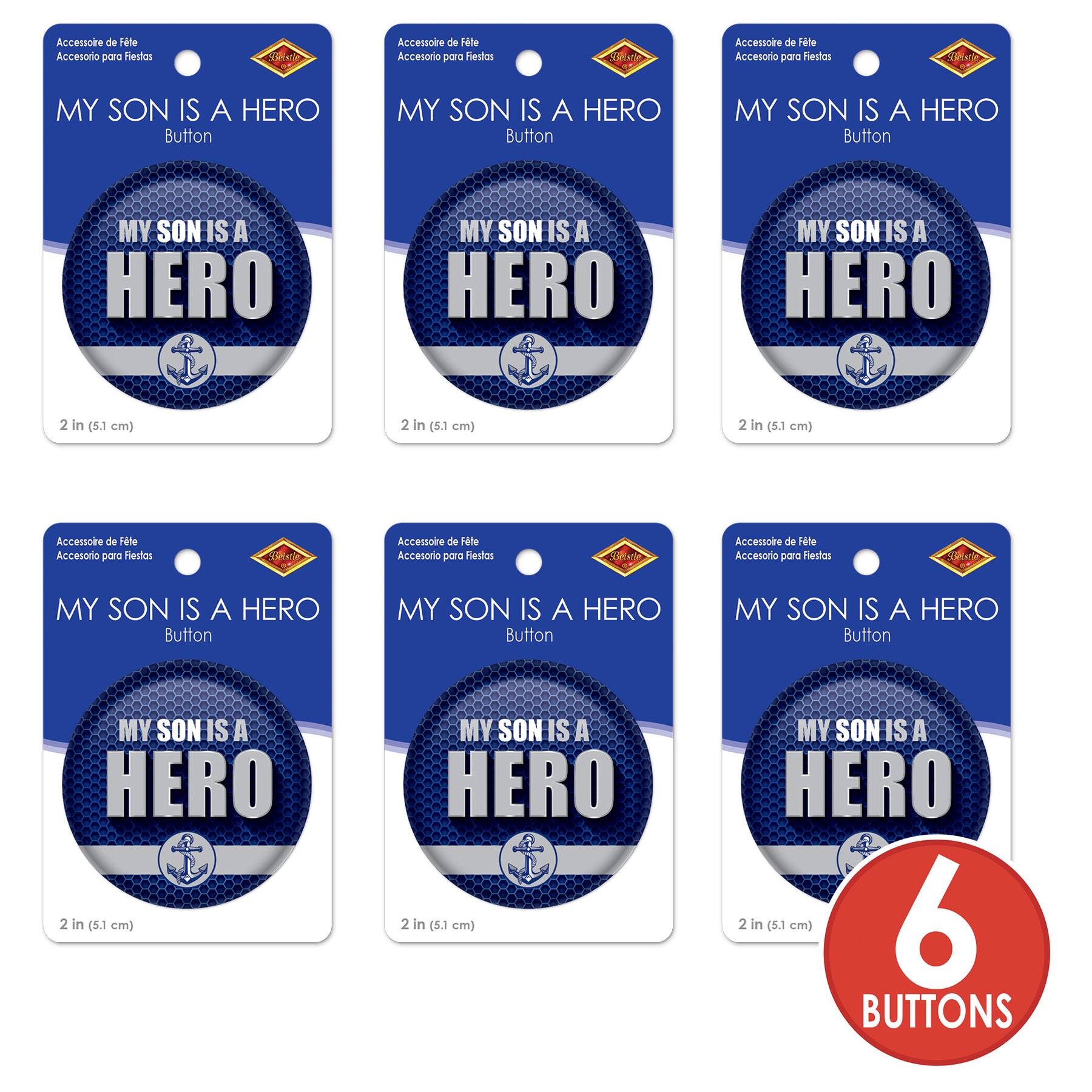 Beistle 2" Blue & Silver My Son Is A Hero Buttons, 6ct.