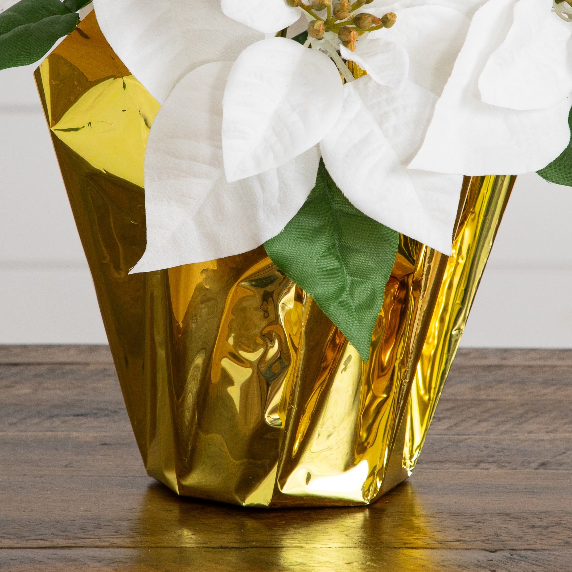Nearly Natural 13" White Artificial Velvet Poinsettia Arrangement in Gold Wrapped Planter