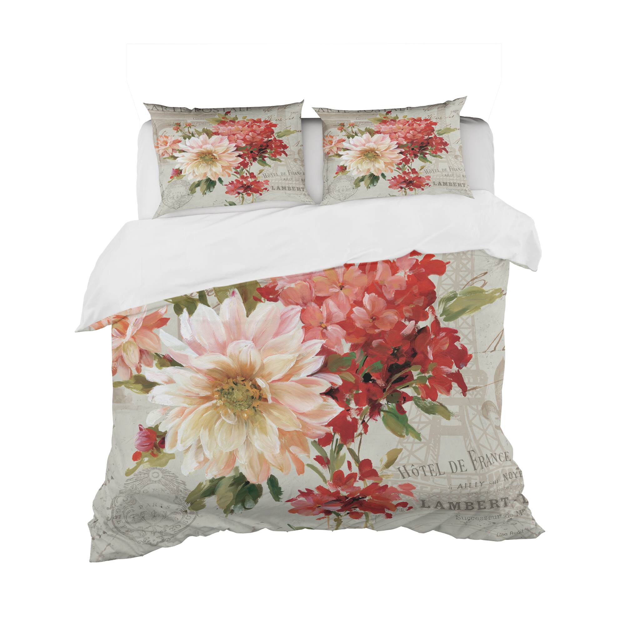 Designart 'Red Painted Flowers on Vintage Postcard I' Cottage Bedding Set