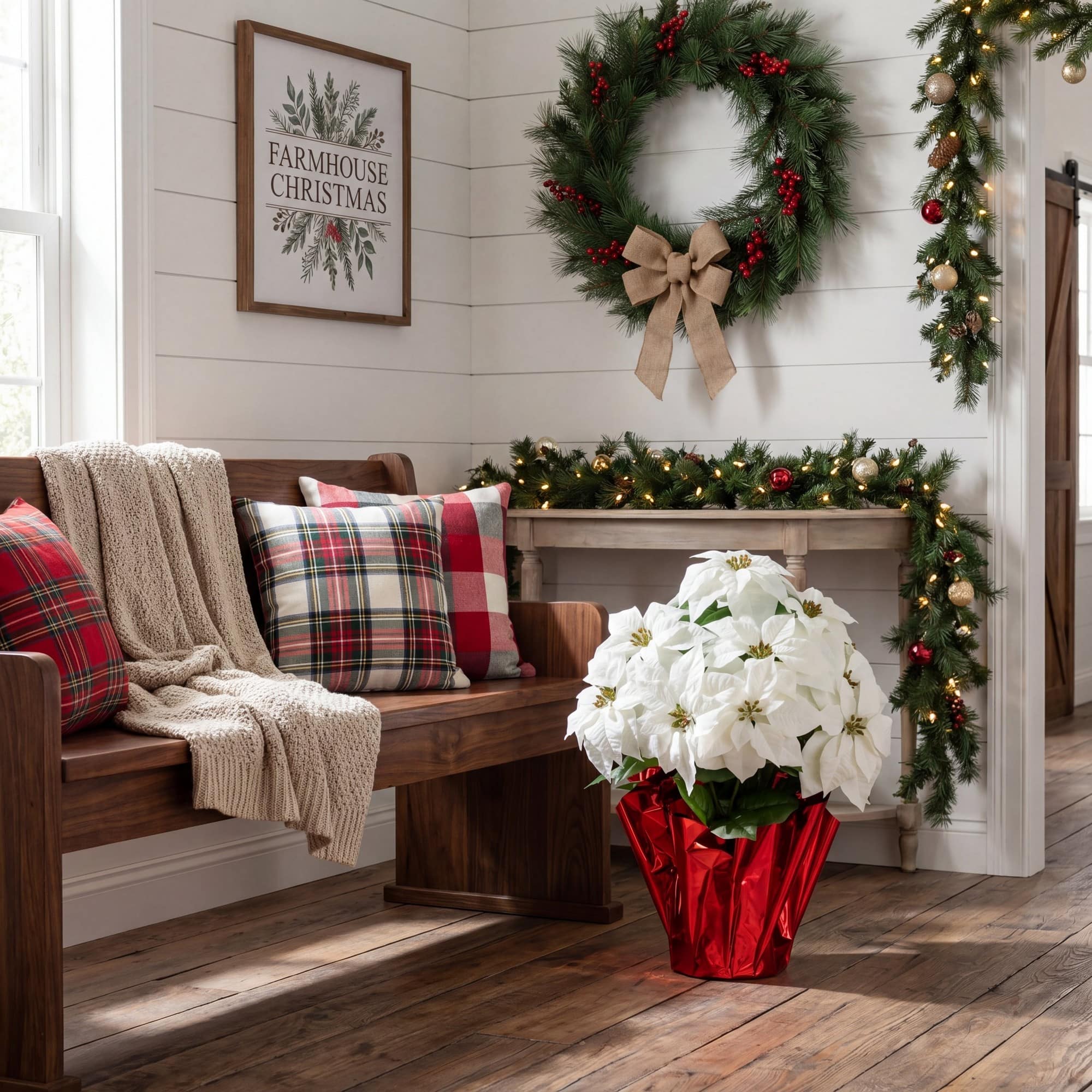 Nearly Natural 30" White Artificial Grand Velvet Poinsettia Arrangement in Red Wrapped Planter