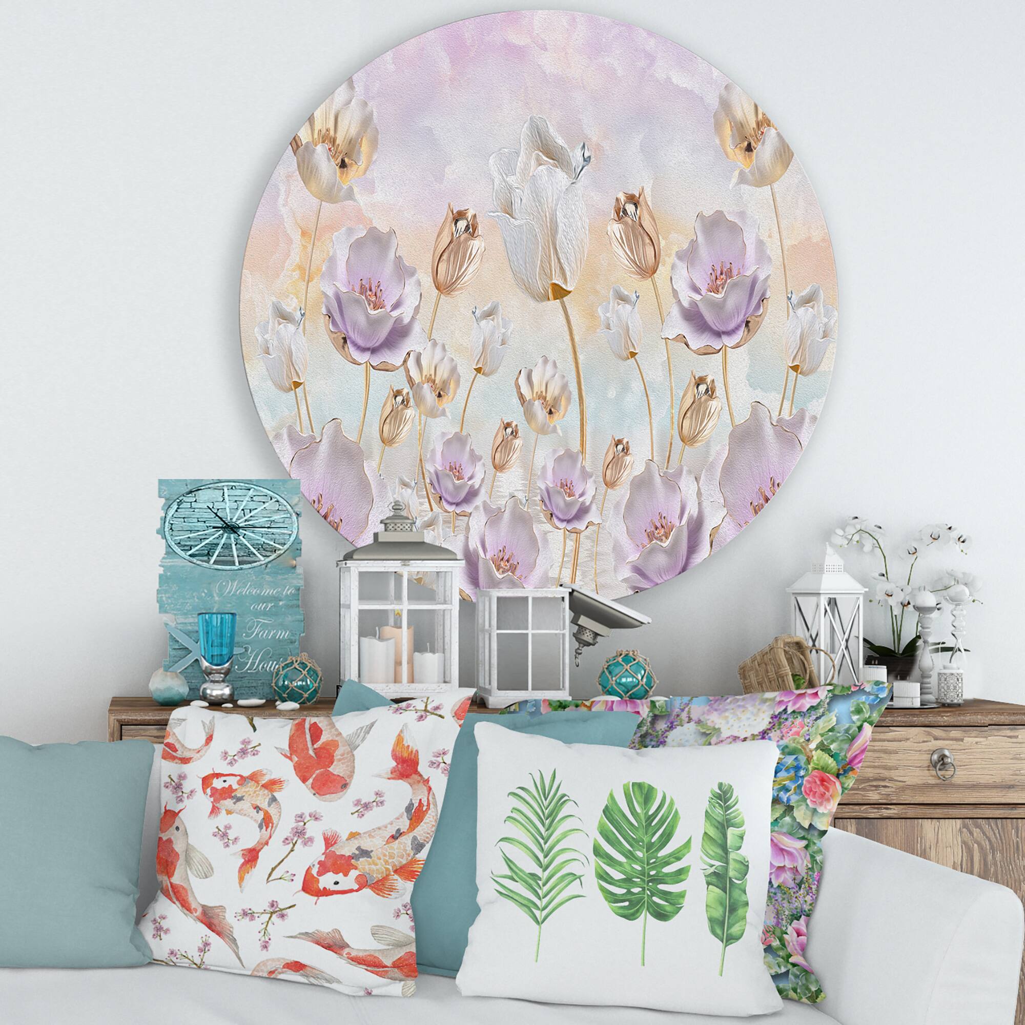 Designart - Blossoming Flowers In Pastel Tones - Traditional Metal Circle Wall Art