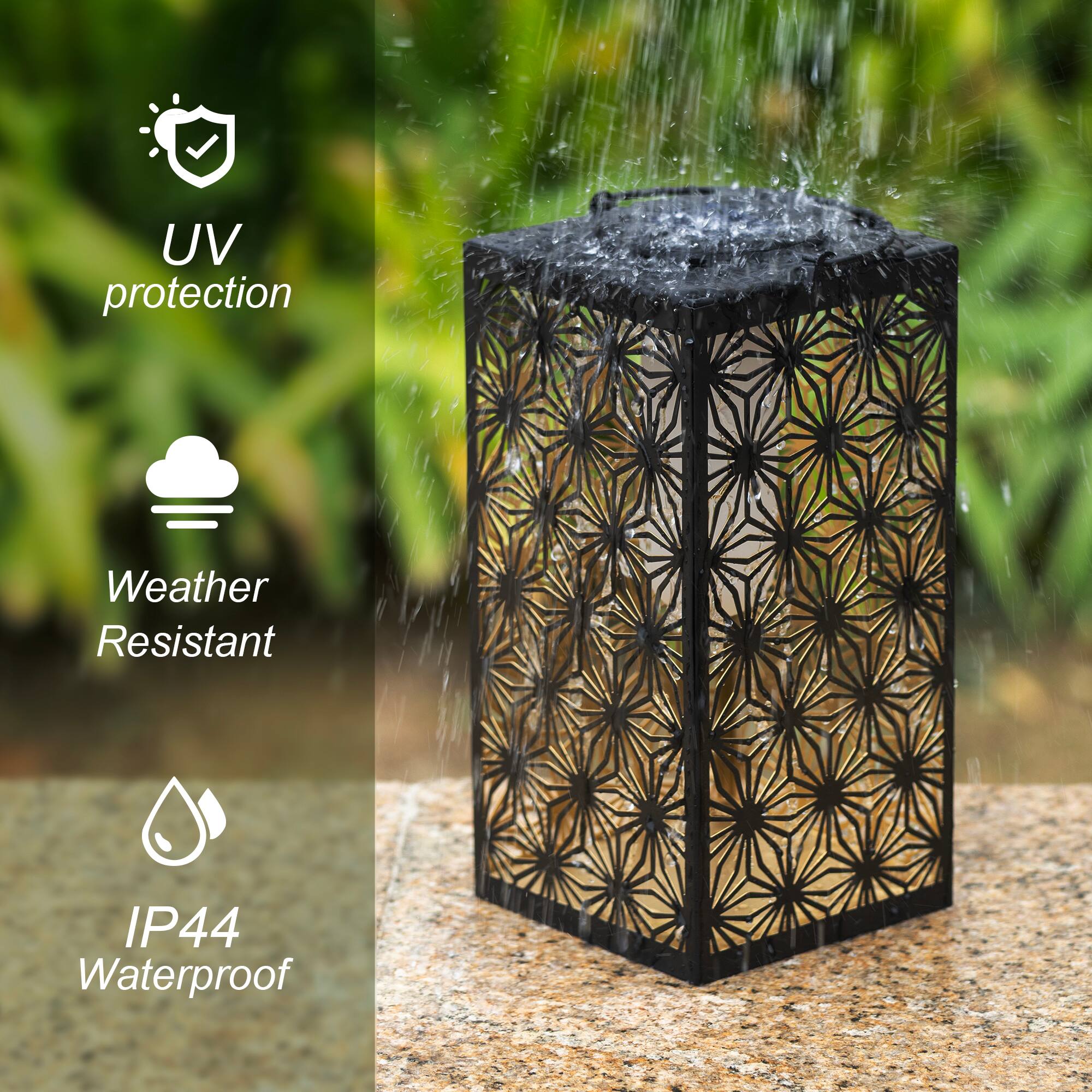 Glitzhome® 11" Set of 2 LED Black Metal Cutout Pattern Solar Powered Hanging Lantern