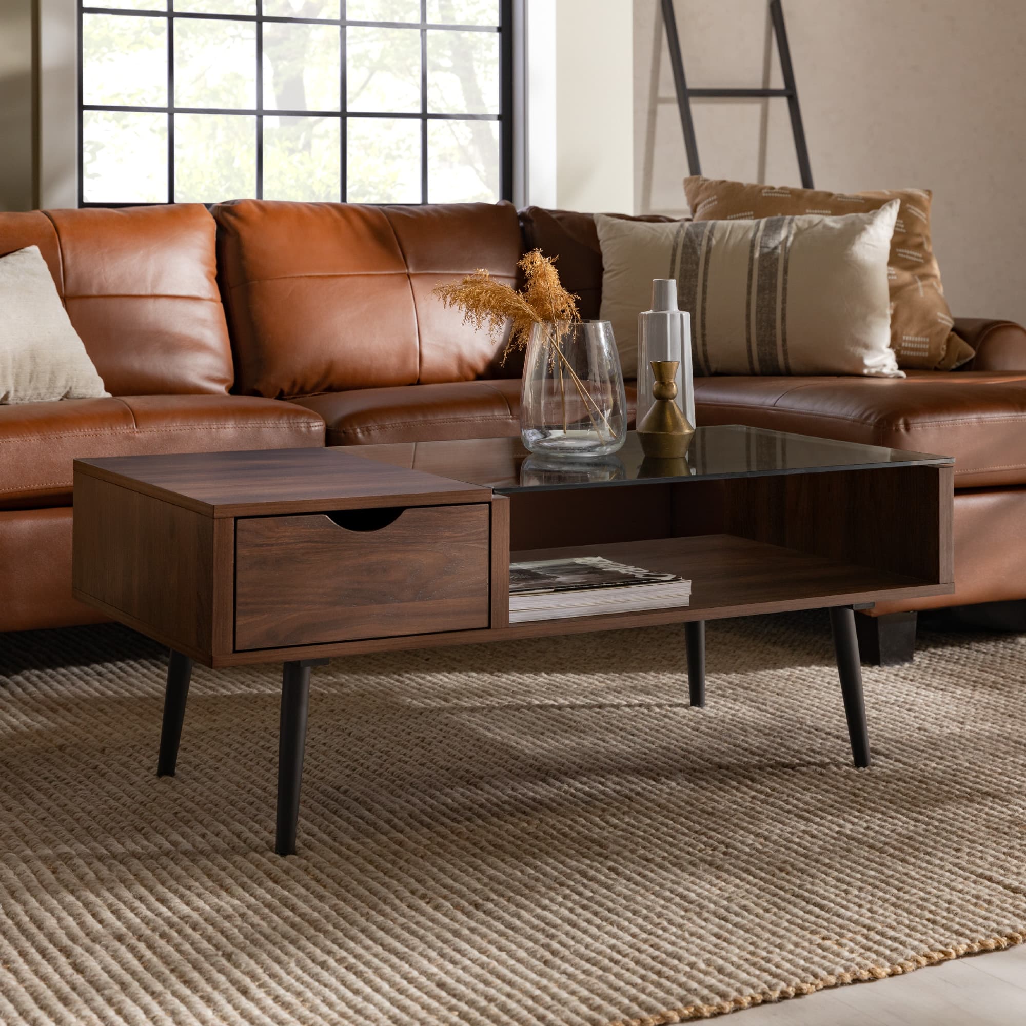 Dark Walnut Mid Century Modern Wood & Glass Coffee Table