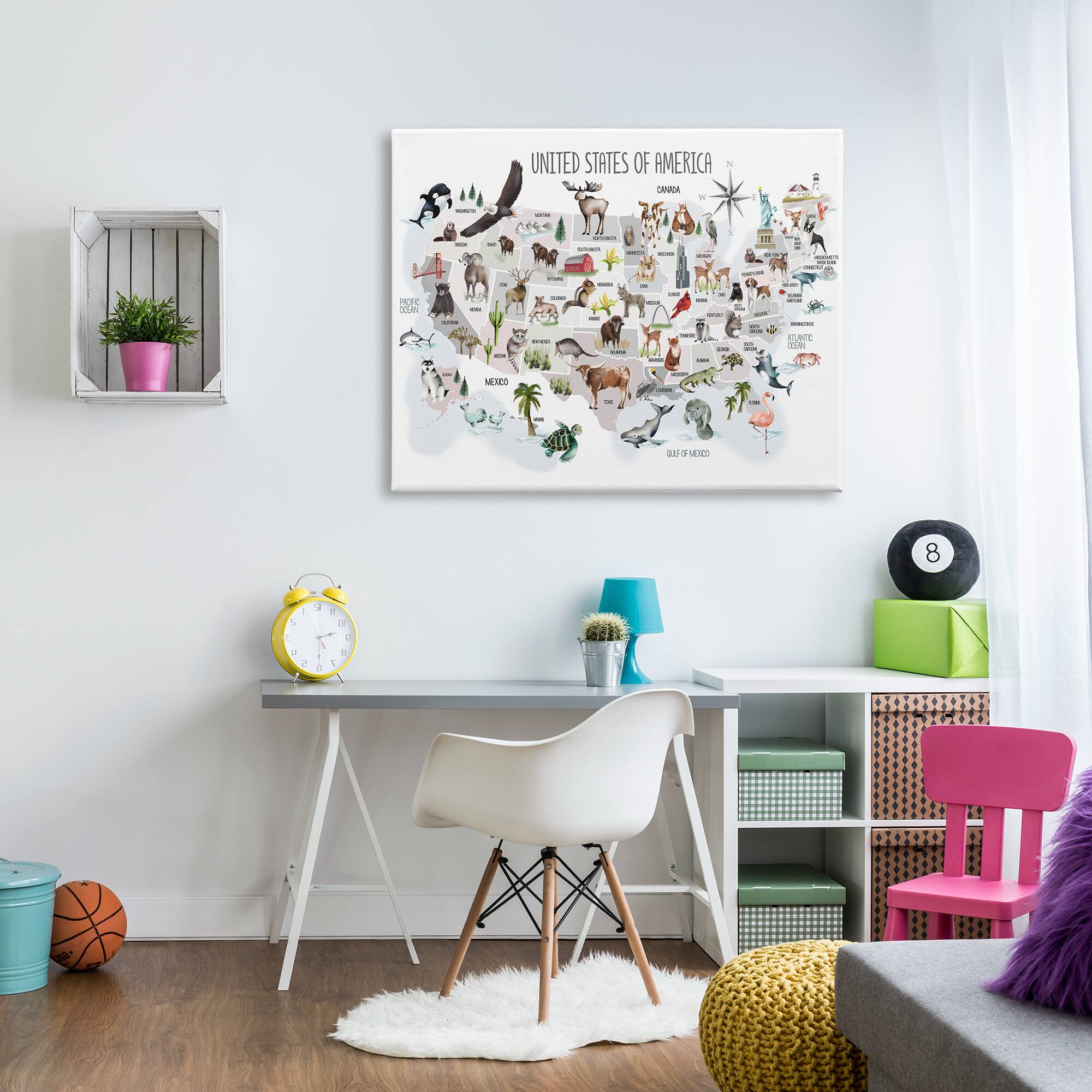 Stupell Industries United States of America Map of Animals Kid's Illustration Canvas Wall Art