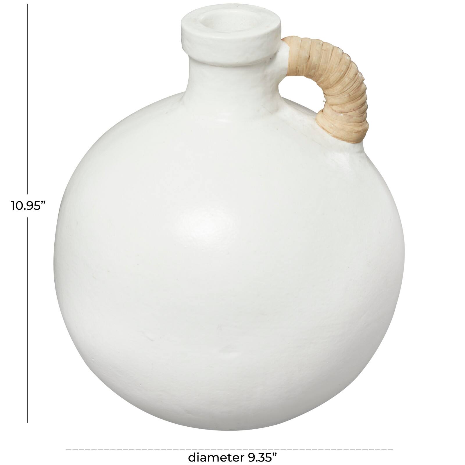 11" White Ceramic Jug Inspired Vase with Rattan Wrapped Handle