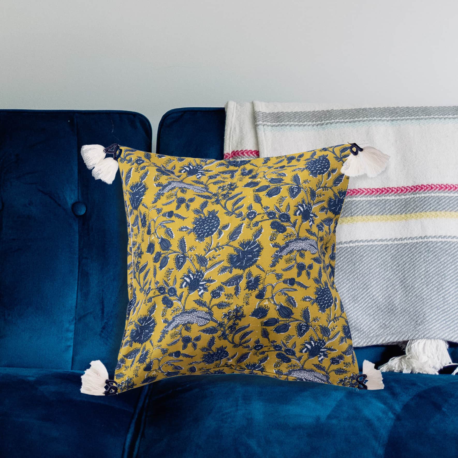 Hello Honey® Chartreuse & Blue Floral Pattern Cotton Pillow with Yarn-Wrapped Tassels