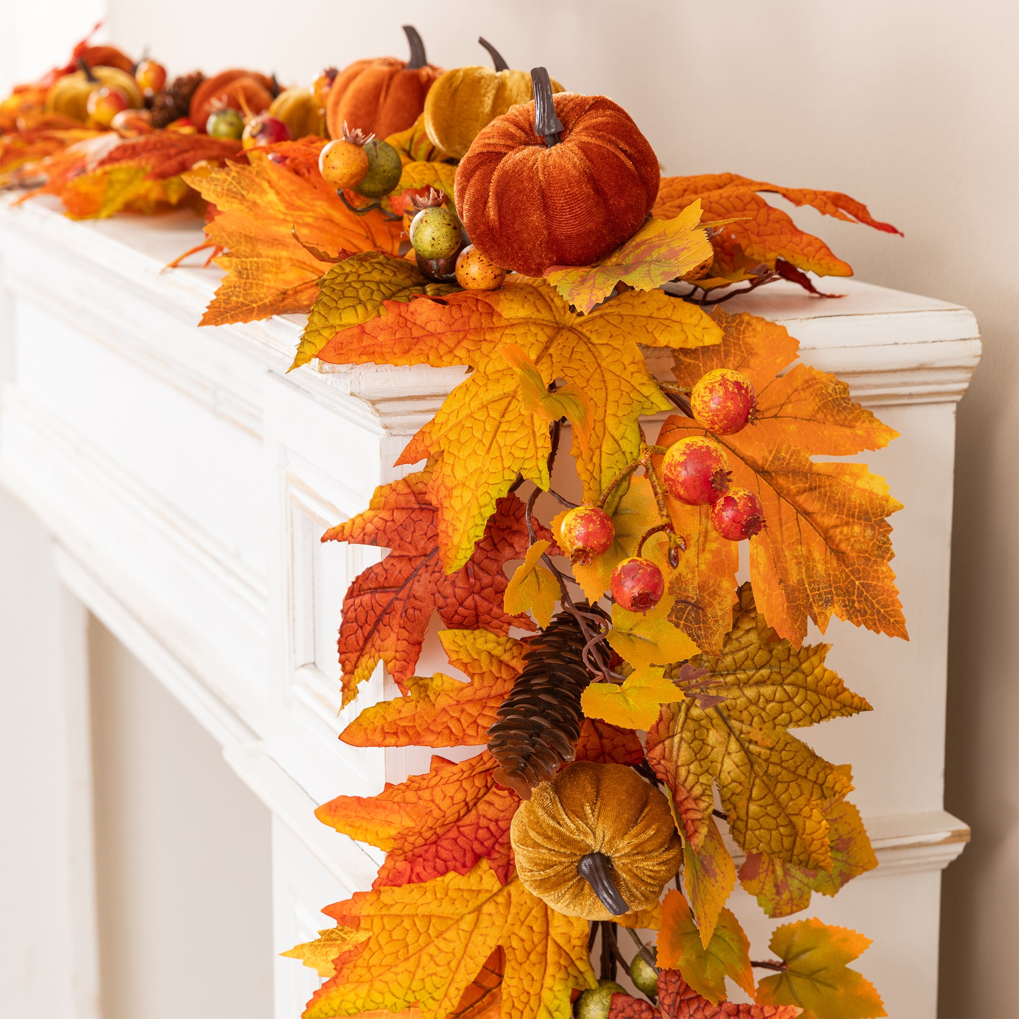 Glitzhome® 6ft Fall Velvet Pumpkin, Pinecone & Berry Garland