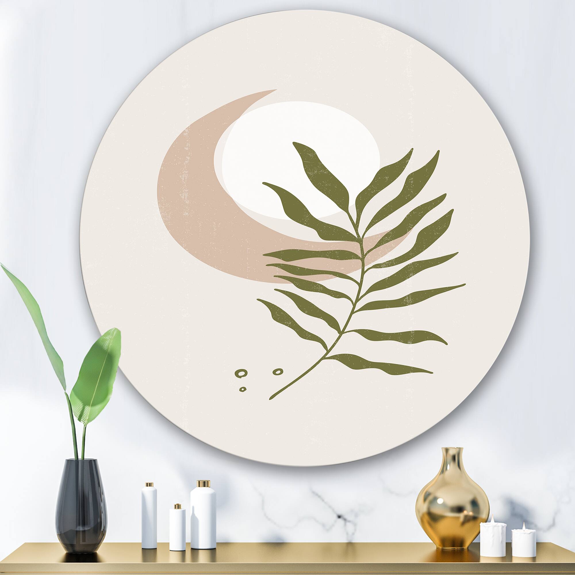 Designart - Abstract Geometrical Moon With Leaf II - Modern Metal Circle Wall Art