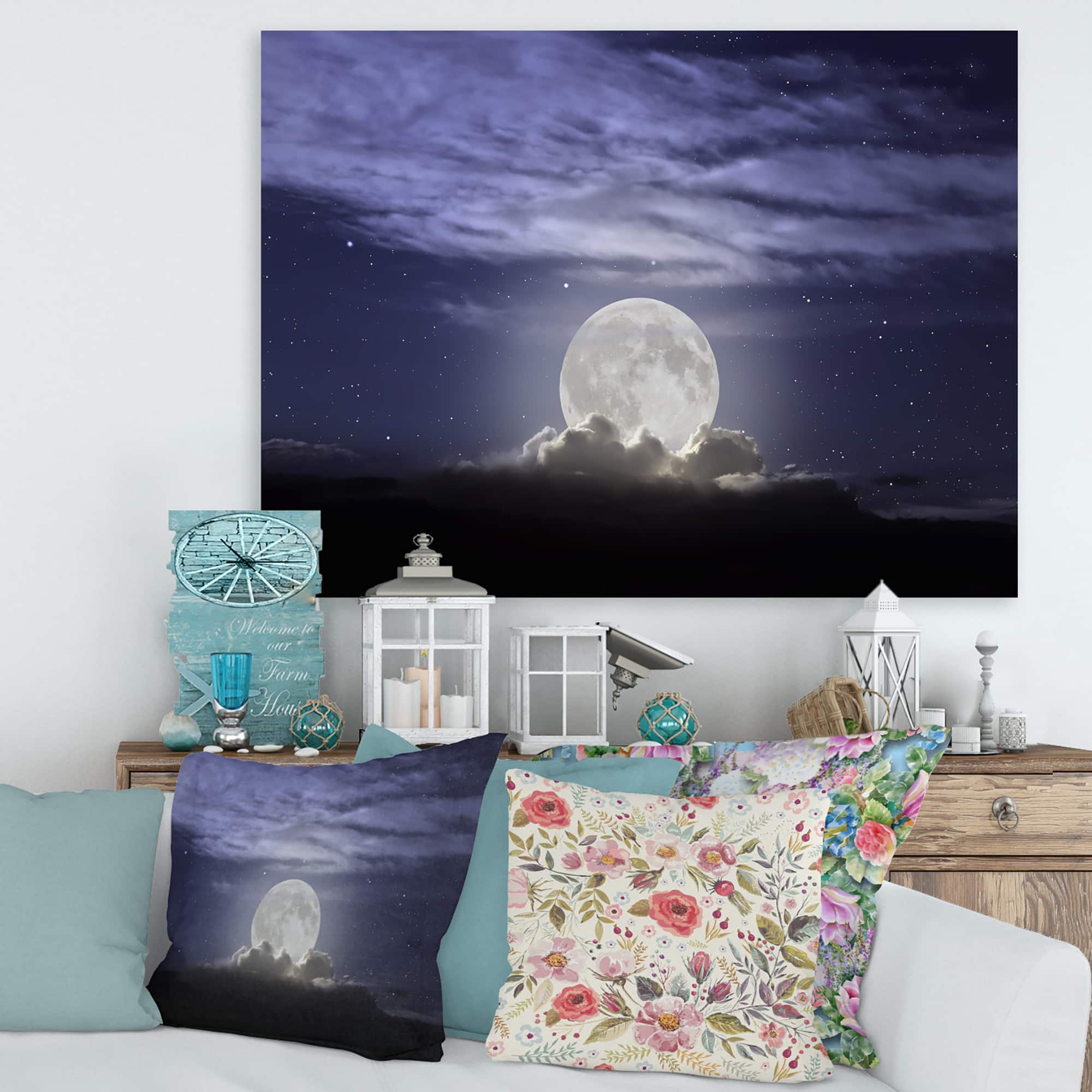 Designart - Full Moon Rising In A Cloudy Night - Nautical & Coastal Canvas Wall Art Print