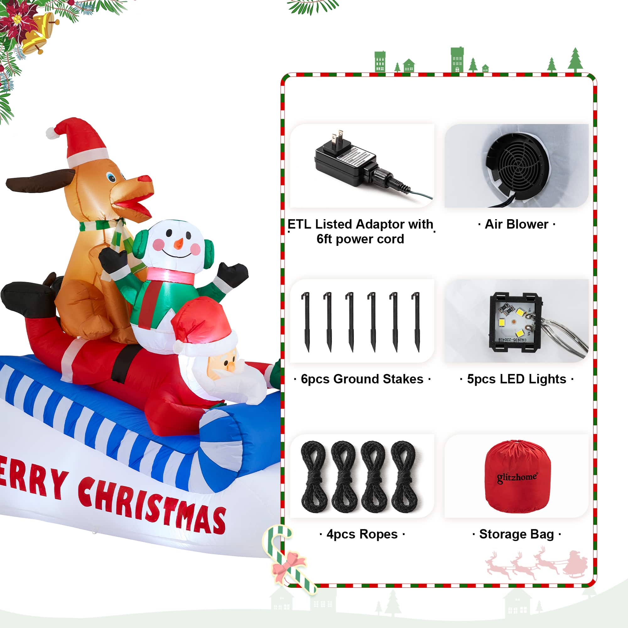 Glitzhome® 6FT Lighted Inflatable Skiing Santa, Snowman & Dog