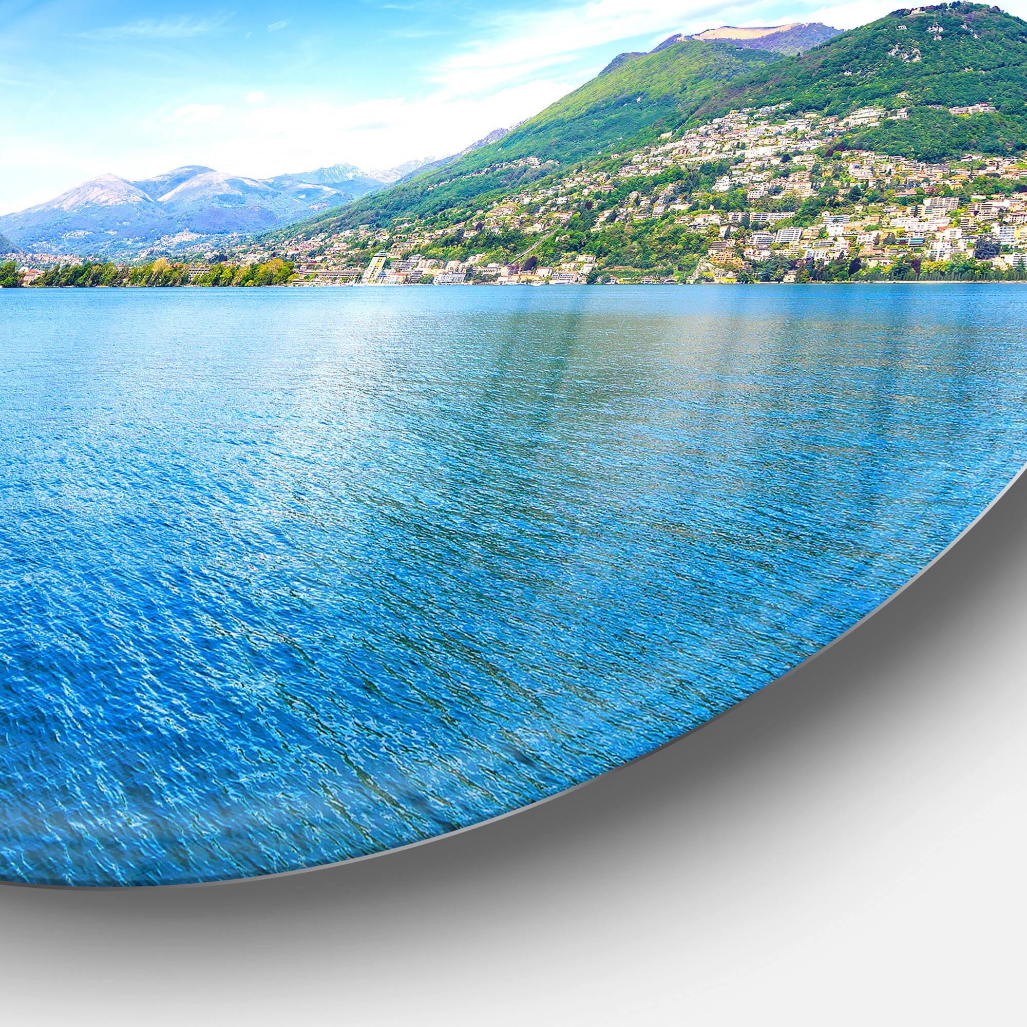 Designart - Lugano Lake Ticino Panorama' Extra Large Seashore Metal Circle Wall Art