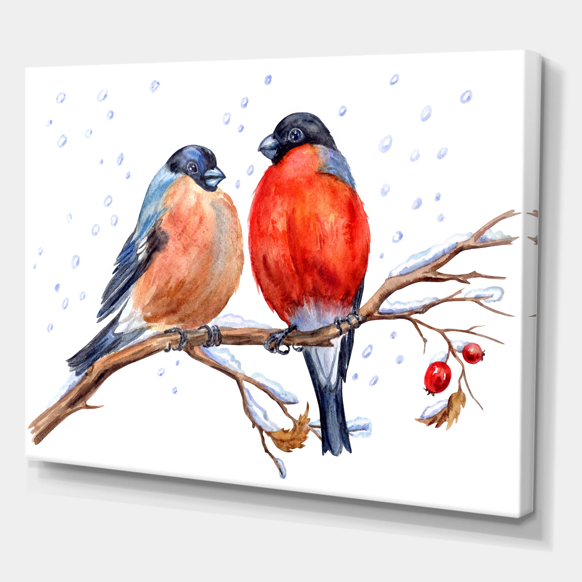 Designart - Two Bullfinches On A Hawthorn Branch with Snowfall