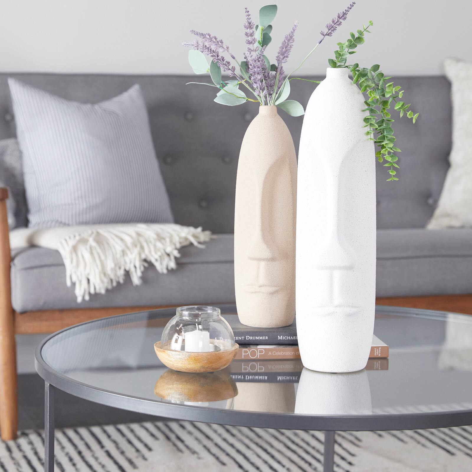 Set of 2 Beige Stoneware Contemporary Vase, 19" x 5" x 5"