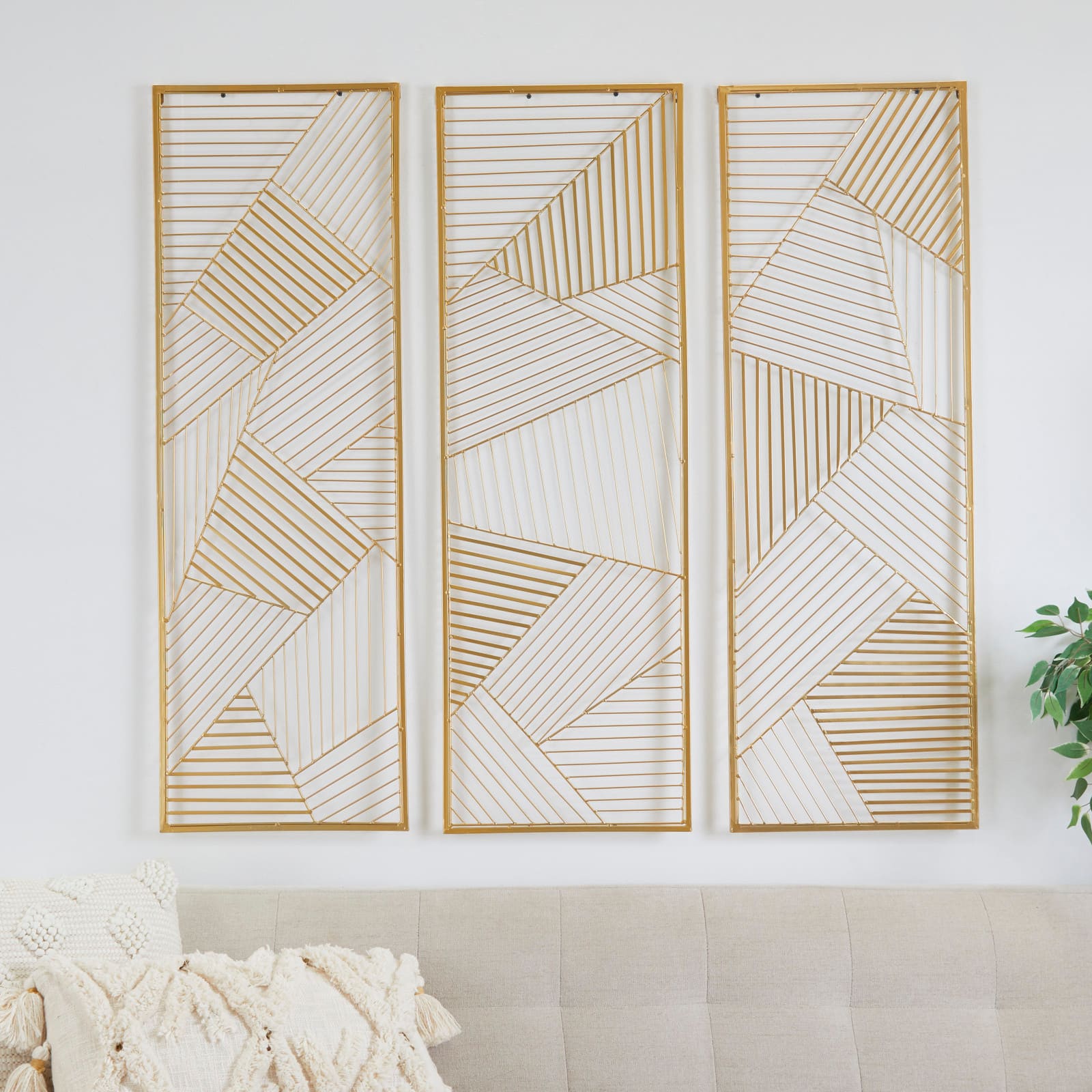 CosmoLiving by Cosmopolitan Gold Metal Geometric Wall Decor with Gold Frame Set of 3 16", 48"