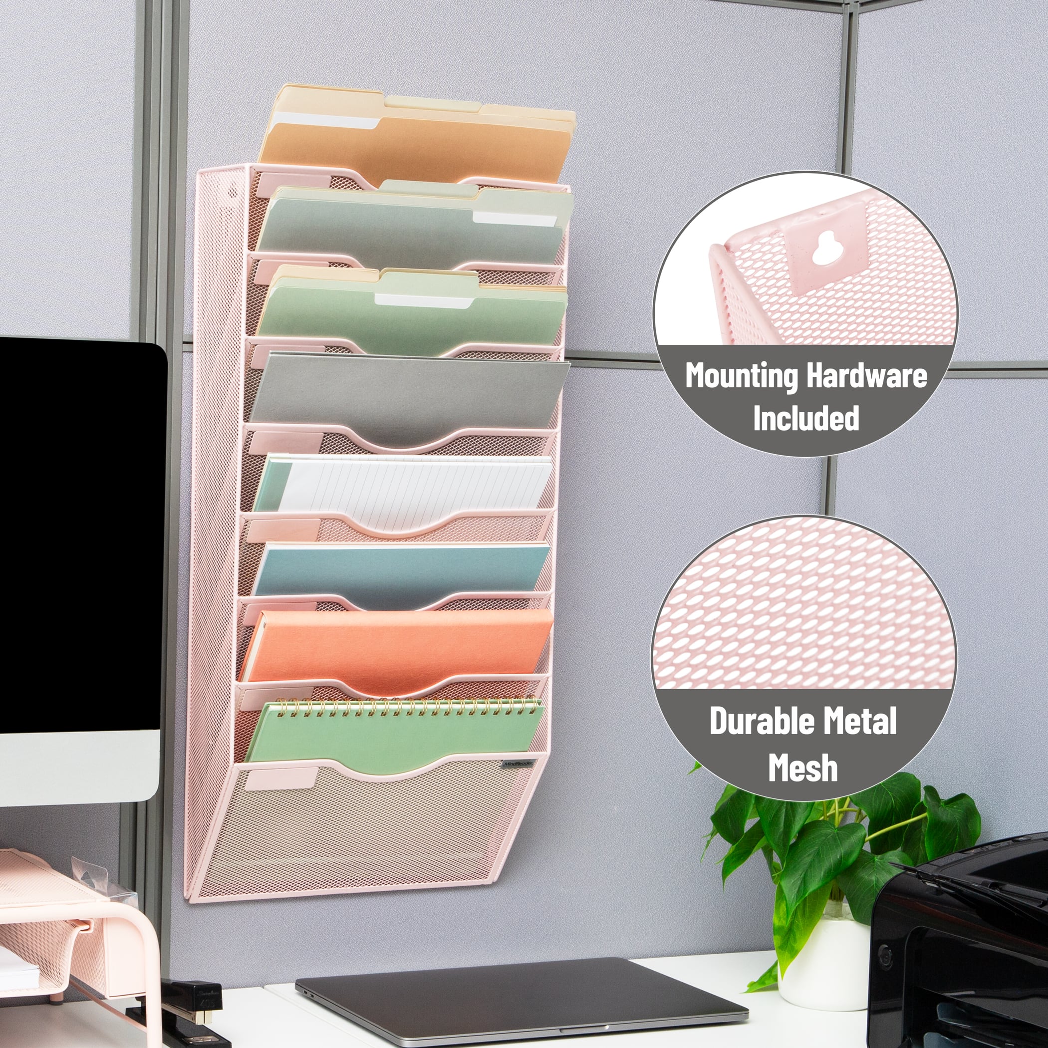 Mind Reader Wall File Organizer, 8 Pocket Hanging Document Rack, Office Wall Mount, Metal Mesh, Pink