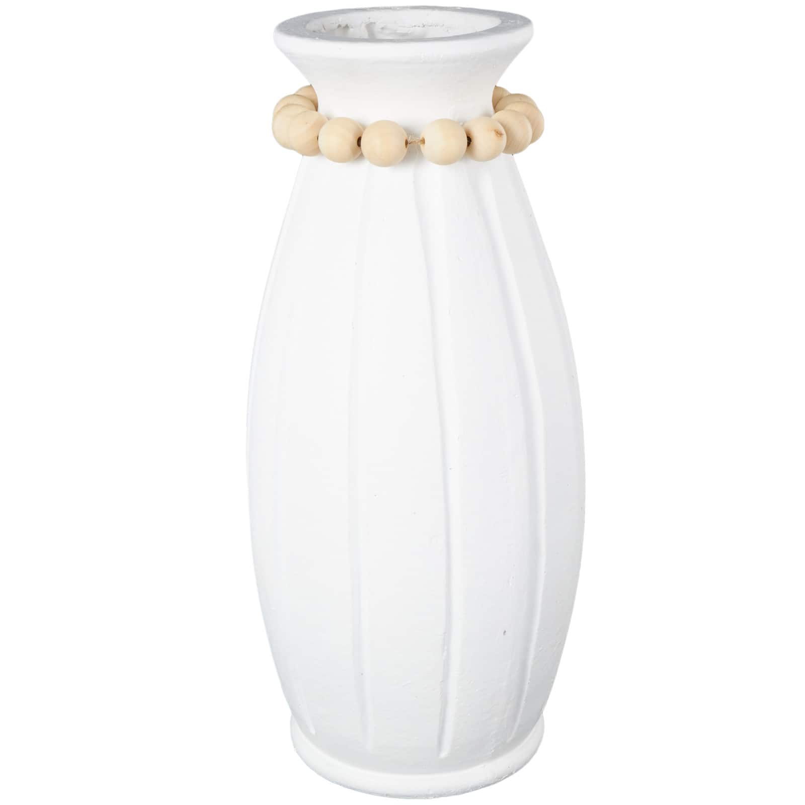 20" White Magnesium Oxide Decorative Vase with Light Brown Beads & Carved Grooves