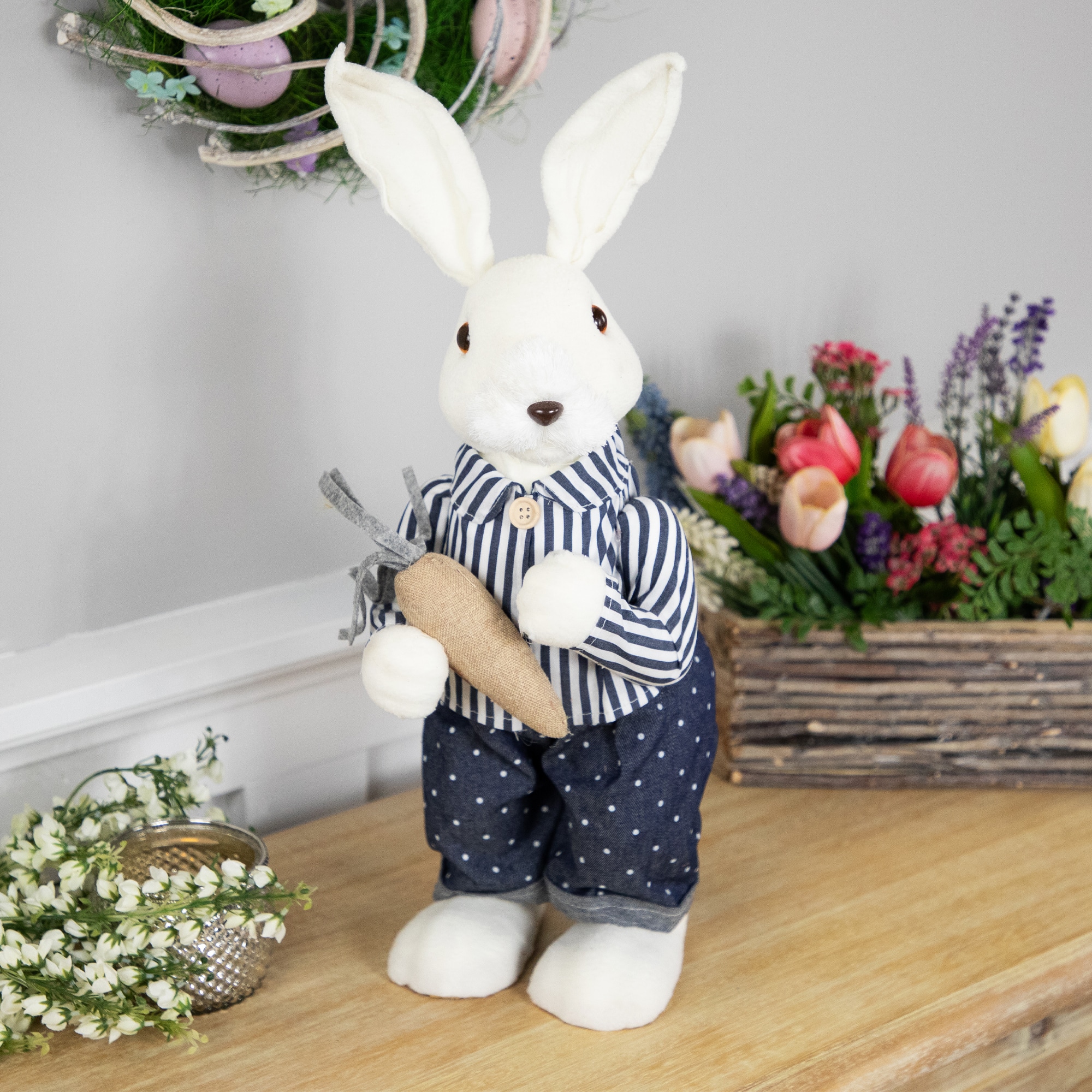 19" Navy Blue Standing Boy Bunny with Carrot Easter Figure