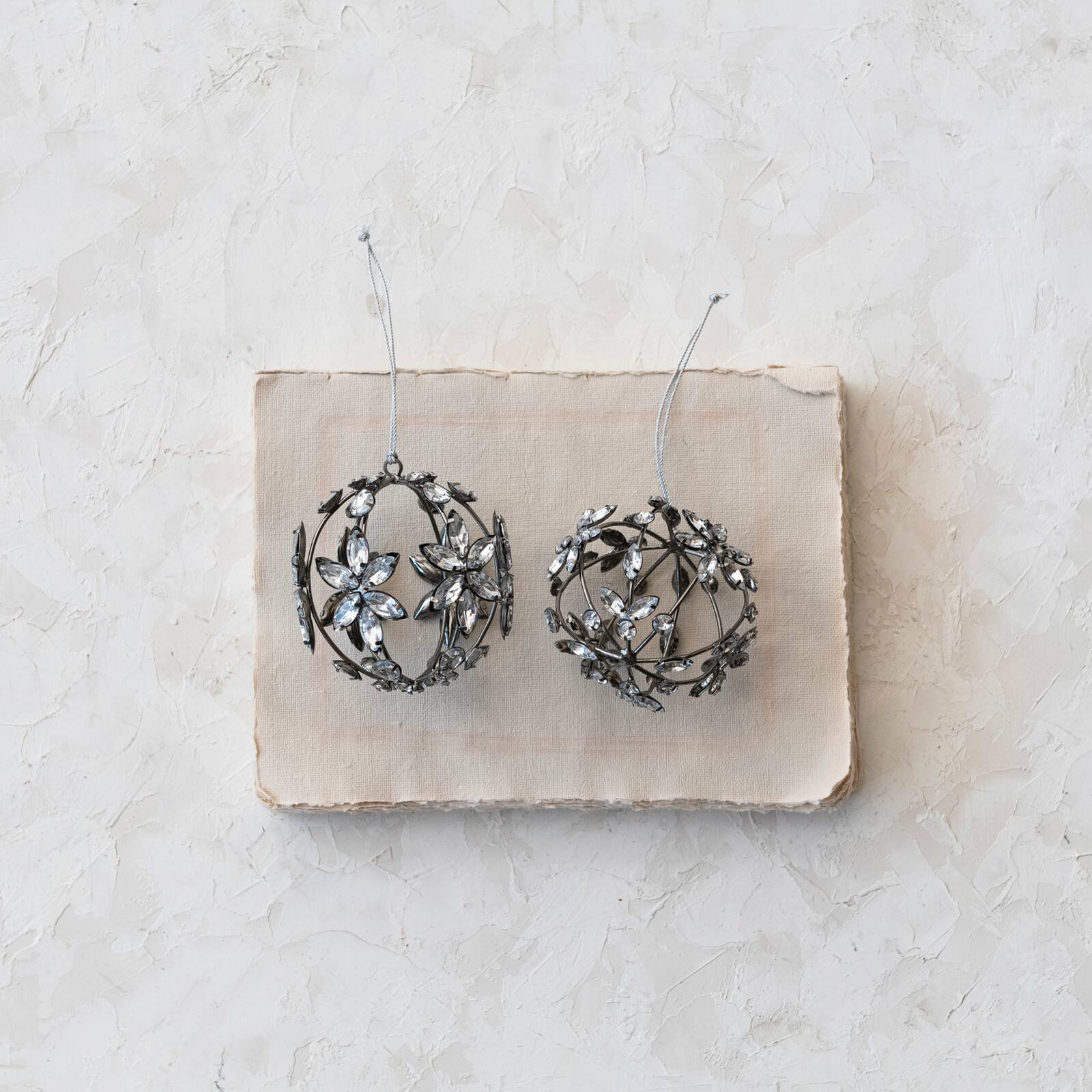 Hello Honey Round Metal and Acrylic Jewel Ball Ornament with Flower Pattern, Set of 2