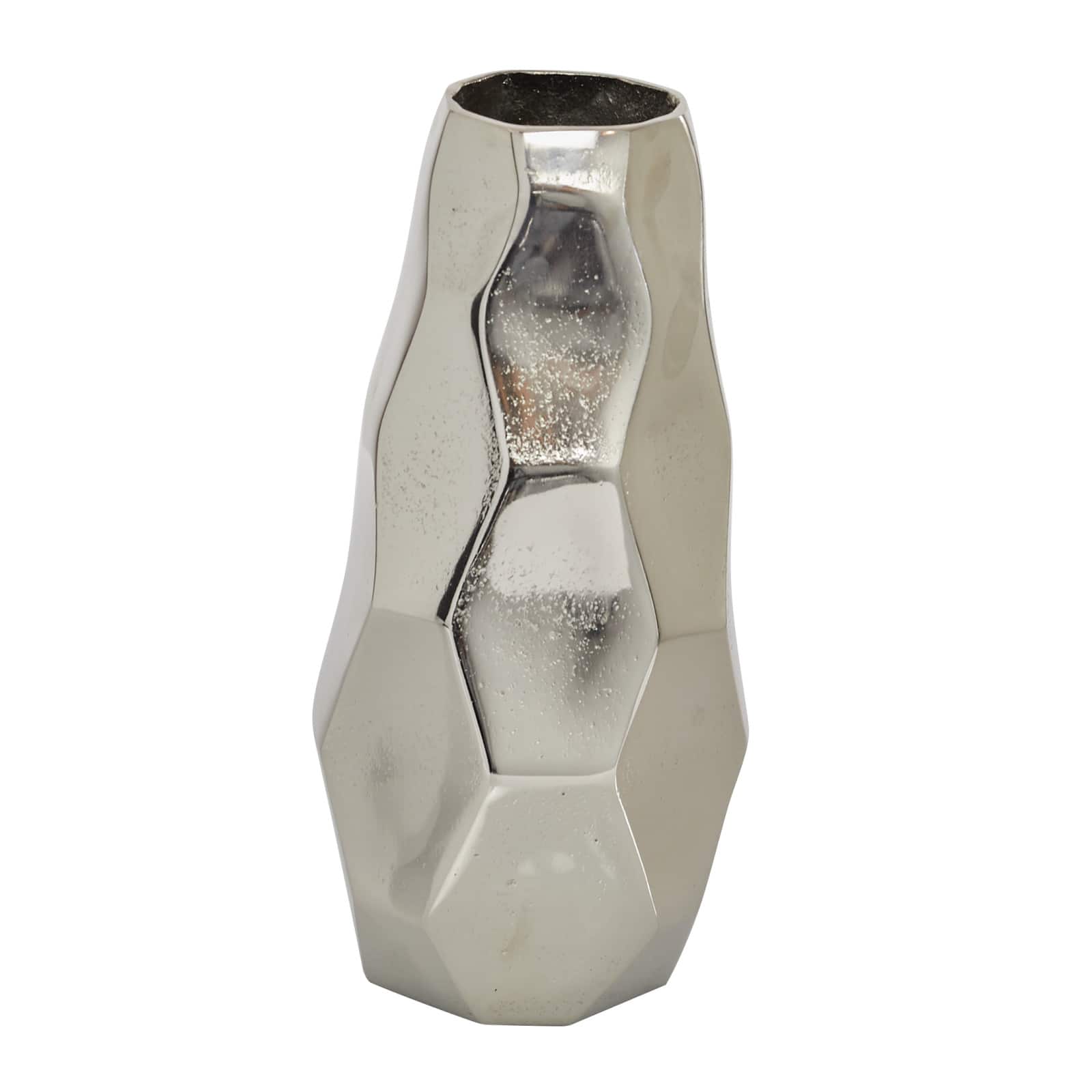 Contemporary Geometric-Style Metallic Silver Aluminum Vase, 12" x 5.7" x 5.4"