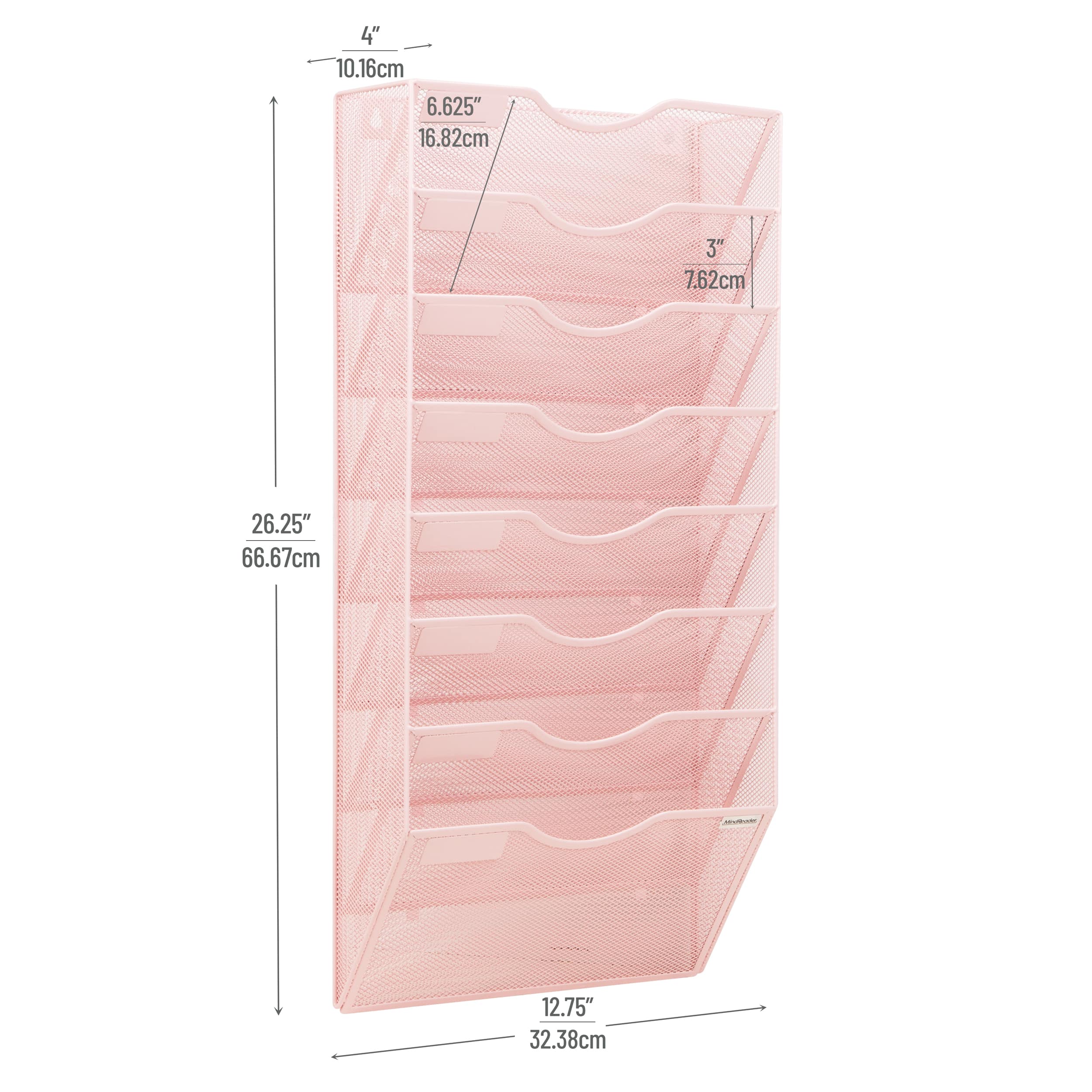 Mind Reader Wall File Organizer, 8 Pocket Hanging Document Rack, Office Wall Mount, Metal Mesh, Pink