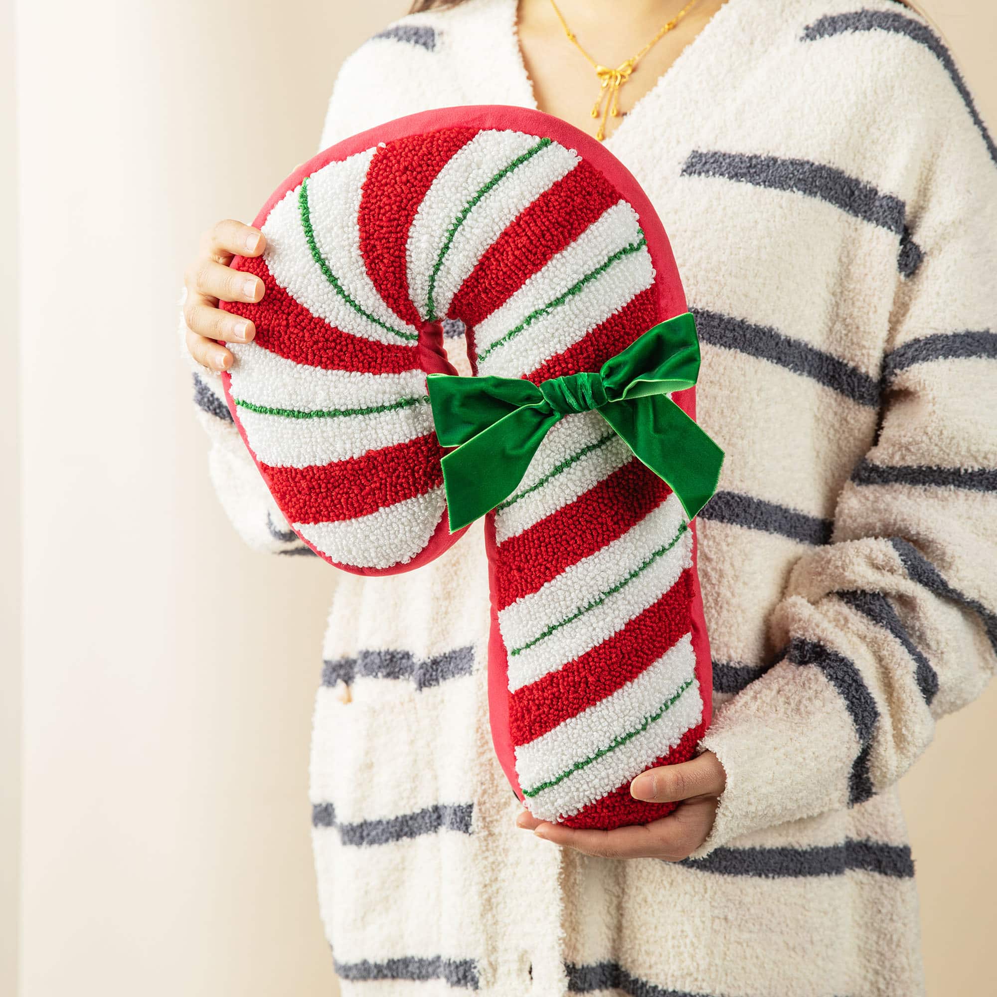Glitzhome® 15.75" Hooked Christmas Candy Cane Pillow