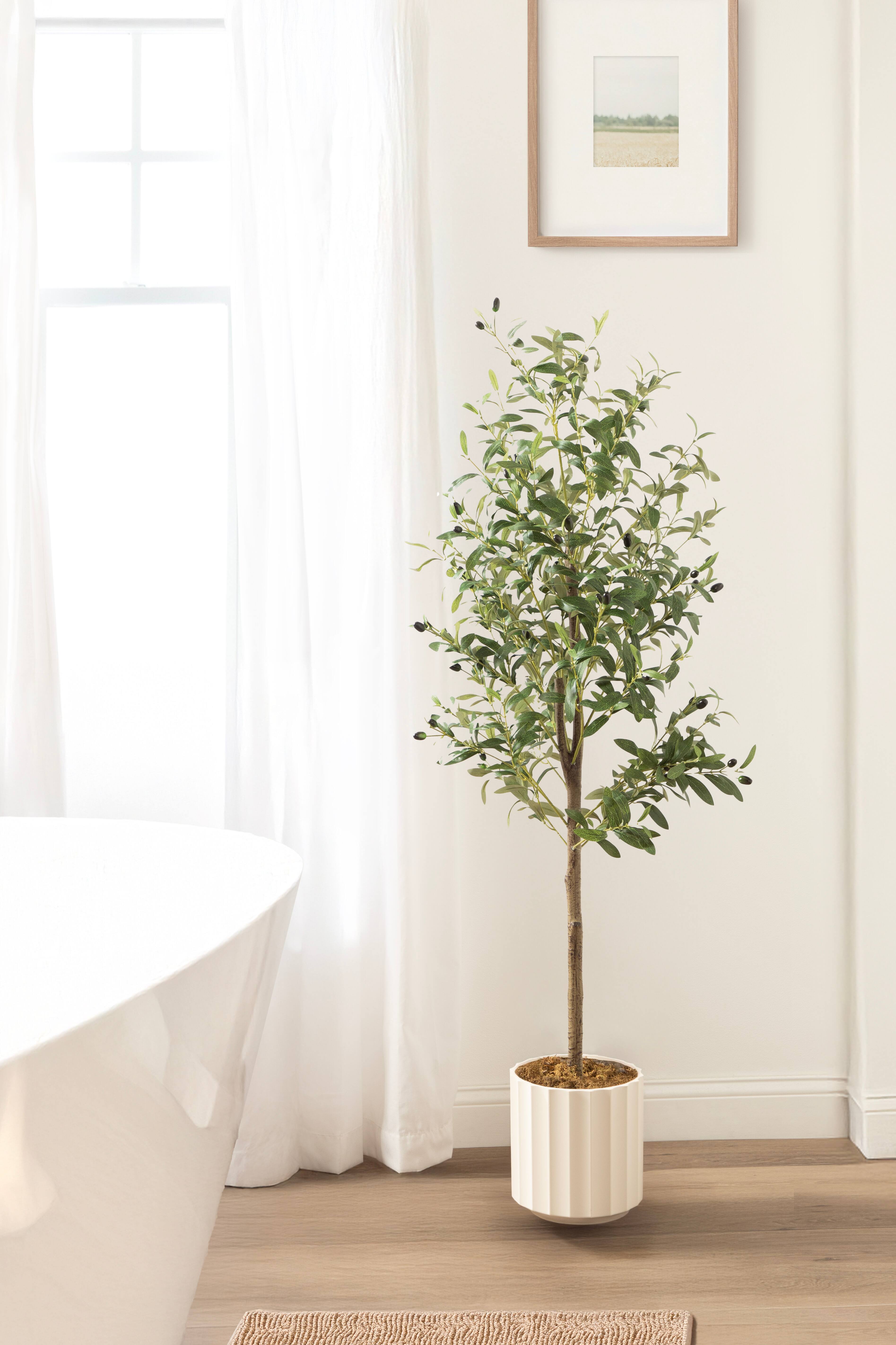 Kate and Laurel 5ft. Green Oliveira Faux Olive Tree with White Planter