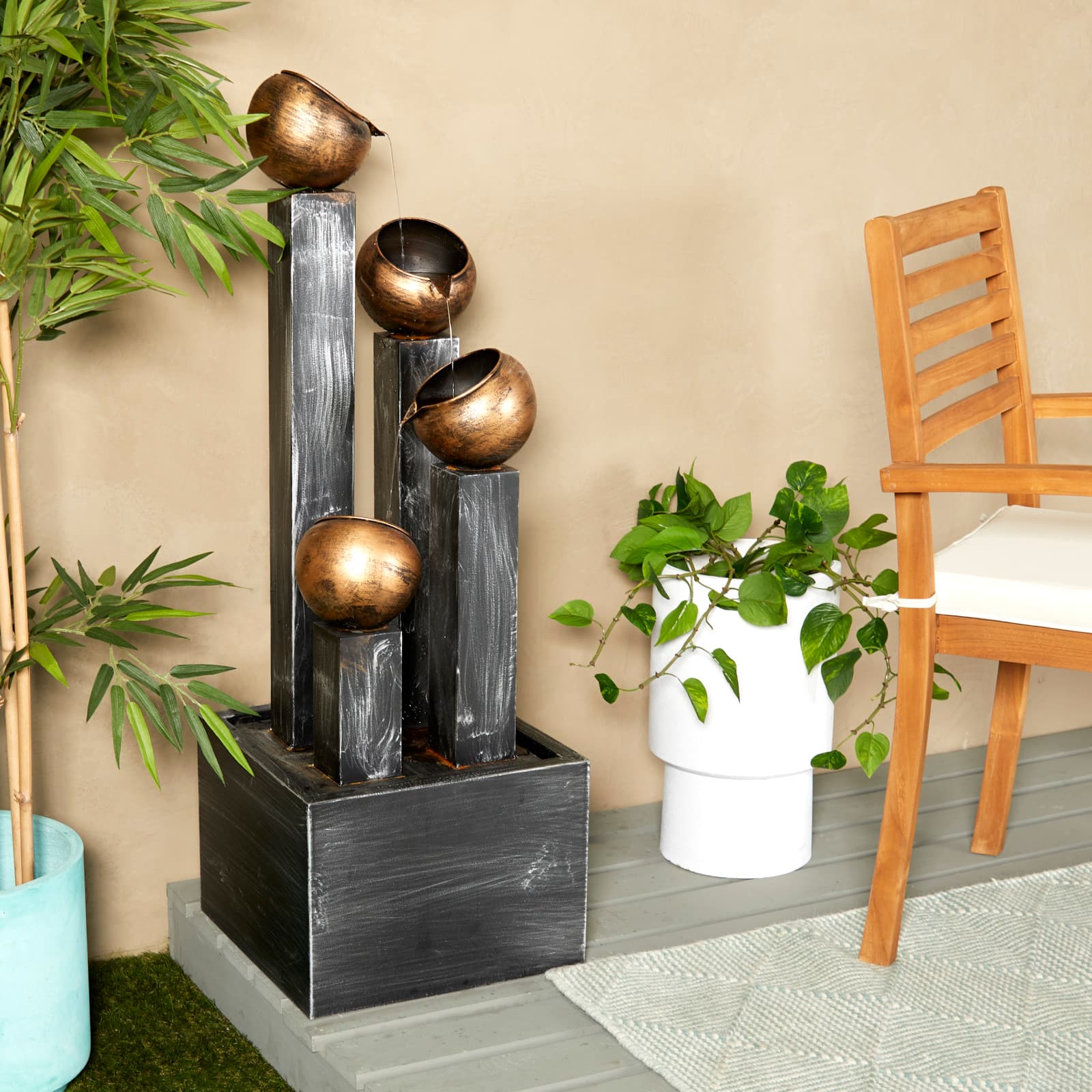 42" Dark Gray Metal Whitewashed Elevated Pillar Fountain with Round Copper Pots