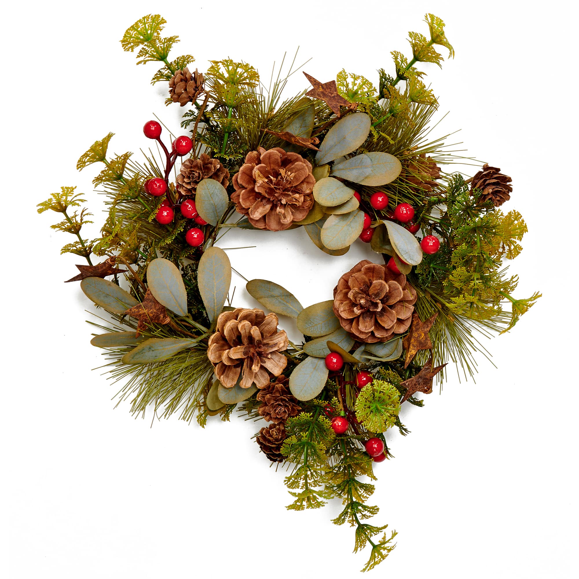 14" Christmas Rustic Star Pinecone & Berry Candle Ring