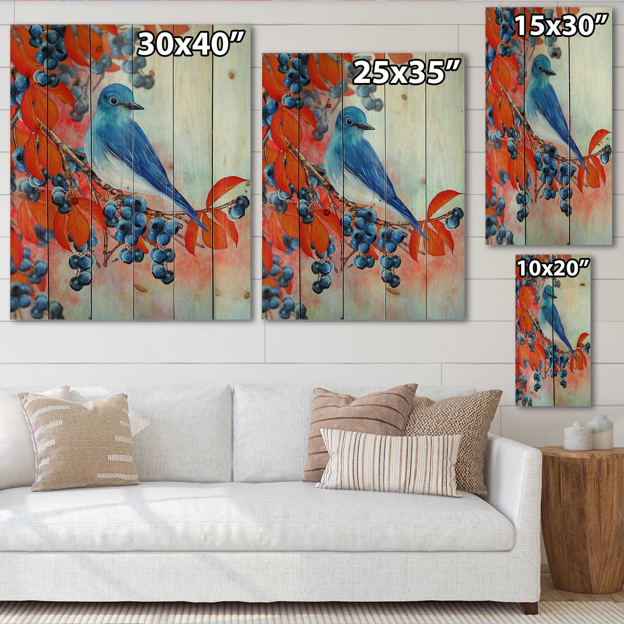 Designart - Bright Bird Bullfinch Sitting On A Branch III - Traditional Print on Natural Pine Wood