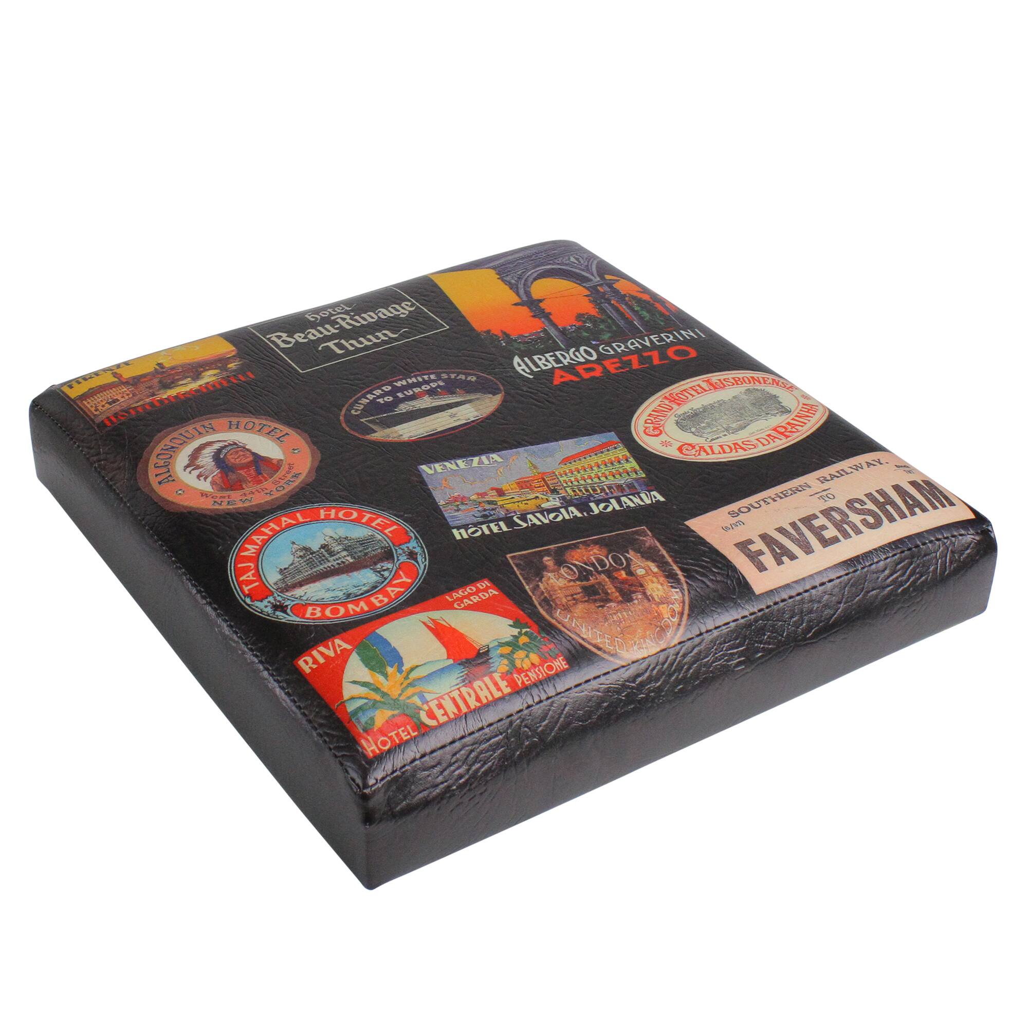 15" Brown with Travel Stickers Collapsible Ottoman