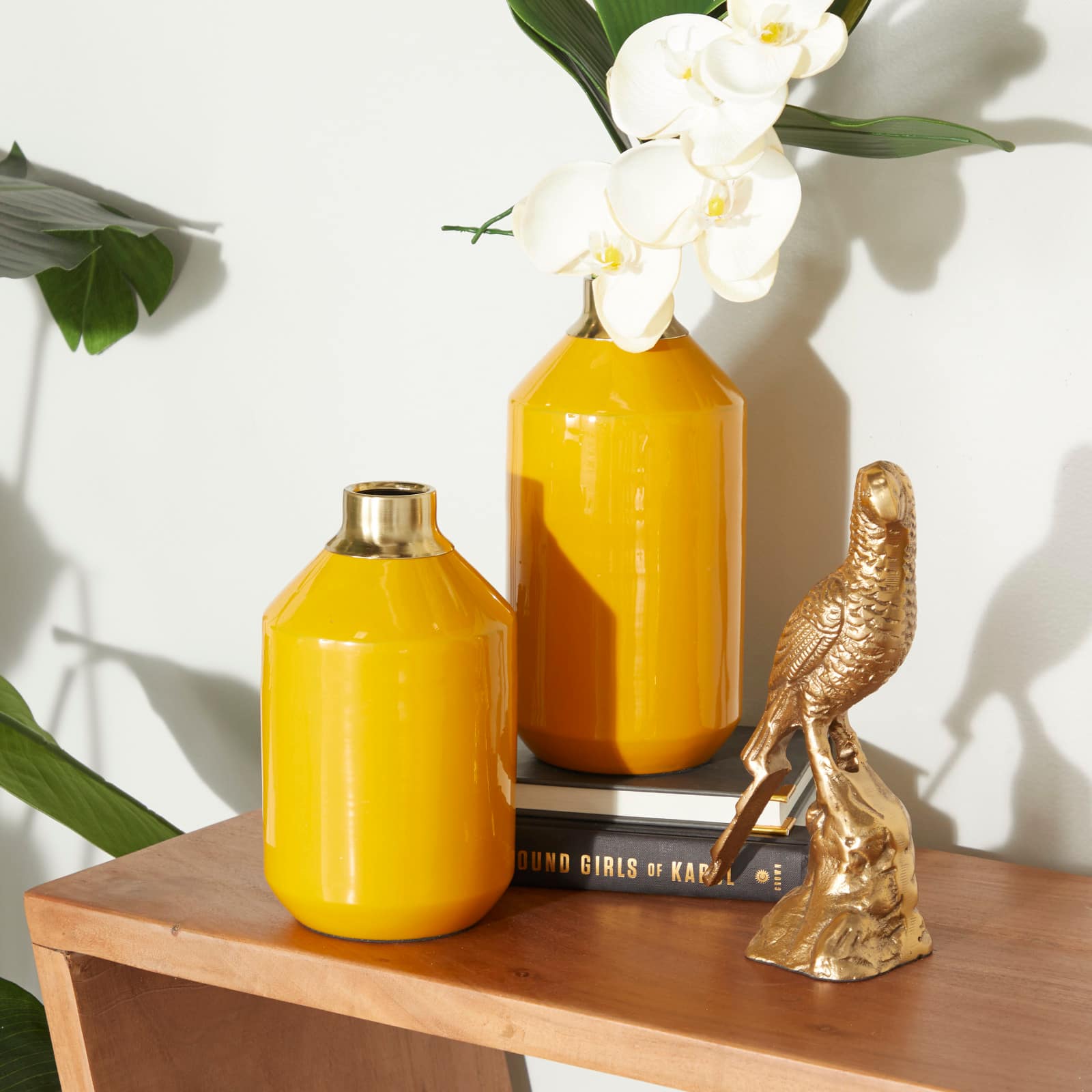 Set of 2" Yellow Metal Modern Vase, 10" x 5" x 5"