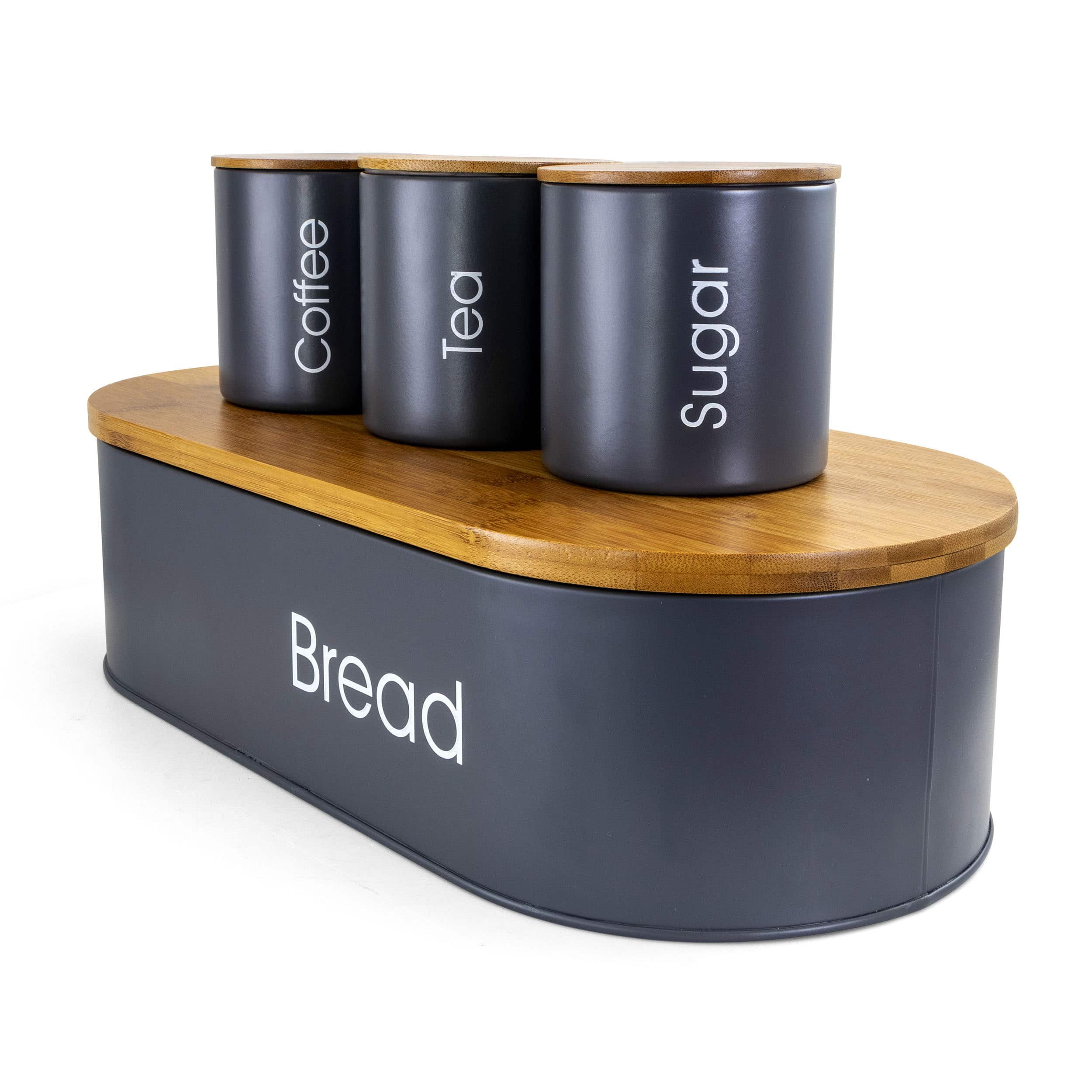 MegaChef Bamboo Kitchen Countertop Gray 4-Piece Metal Bread Basket & Canister Set