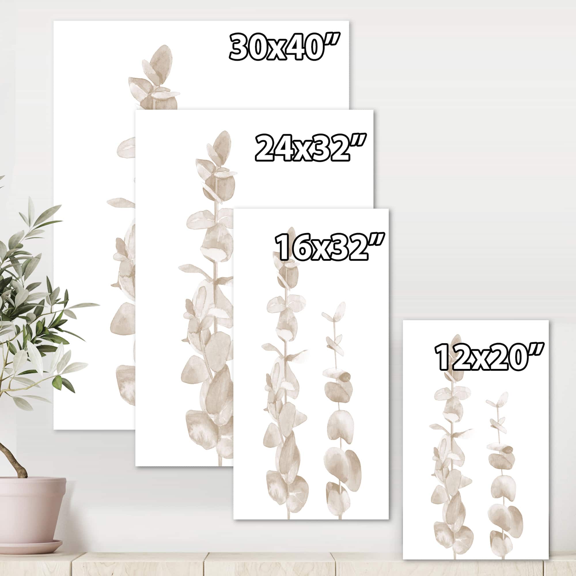 Designart - Beige Eucalyptus Branches On White - Traditional Canvas Wall Art Print