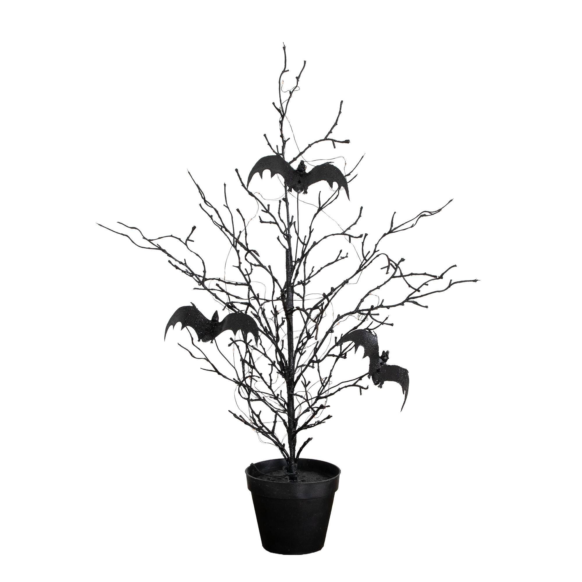 2ft. Pre-Lit Artificial Black Spooky Twig Tree with Bats and 40 Orange & Purple LED Lights