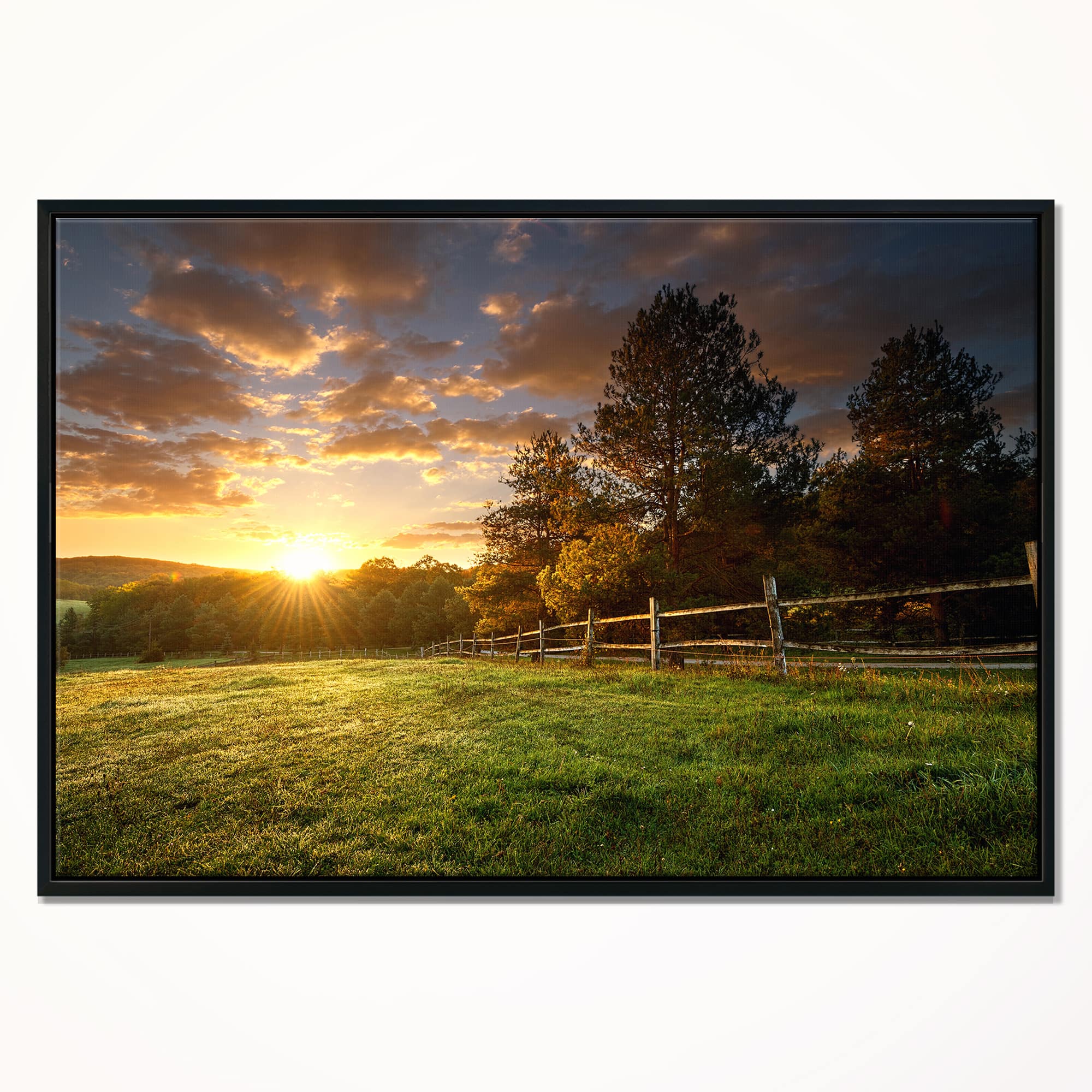 Designart - Fenced Ranch at Sunrise - Landscape Framed Canvas Art Print