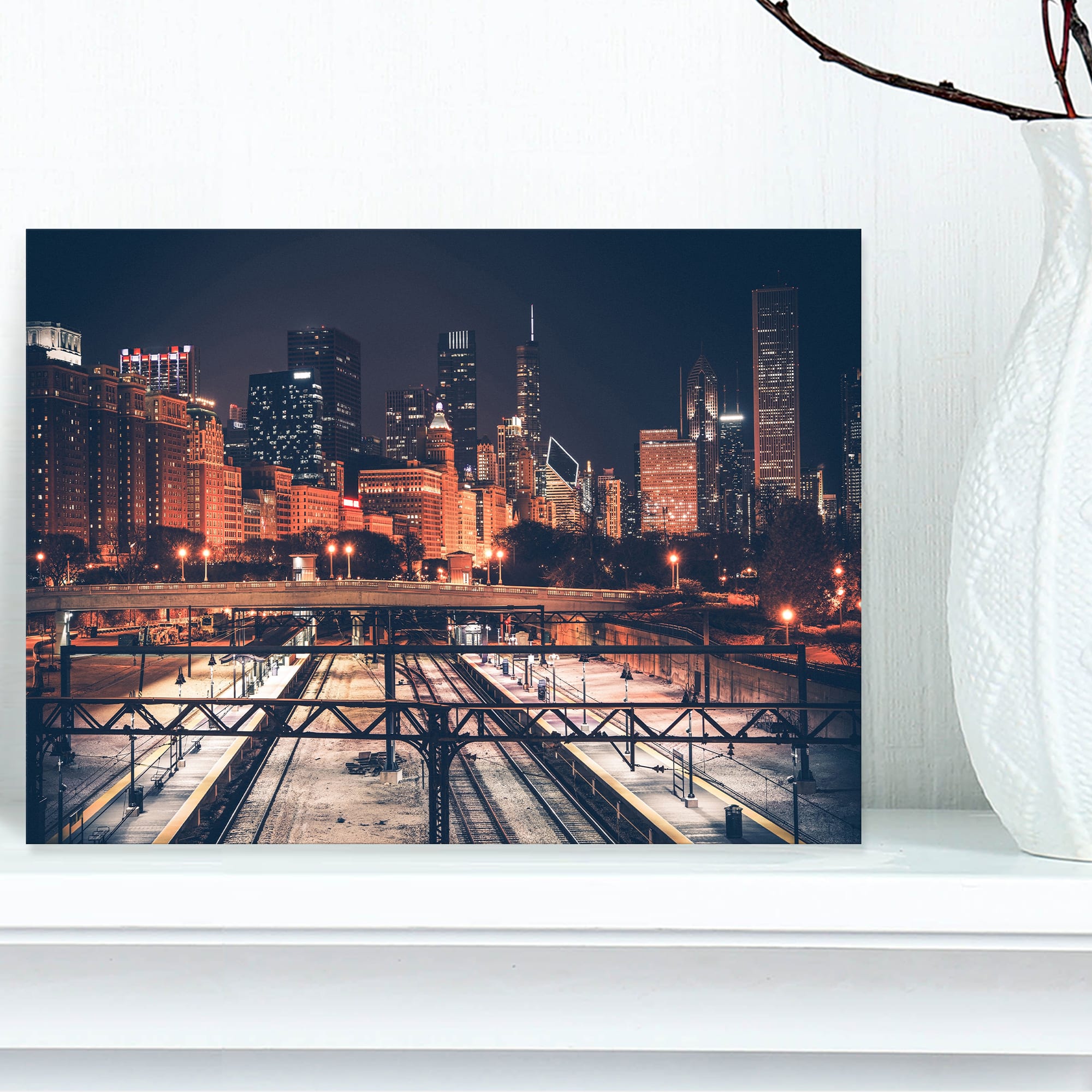 Designart - Dark Chicago Skyline and Railroad - Cityscape Canvas Print