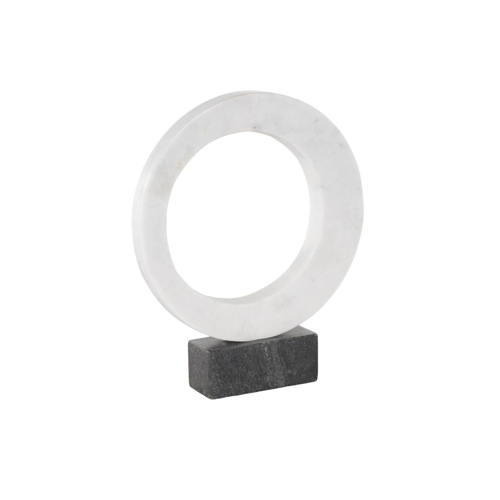 12.25" White Marble Geometric Open Ring Sculpture with Black Block Base