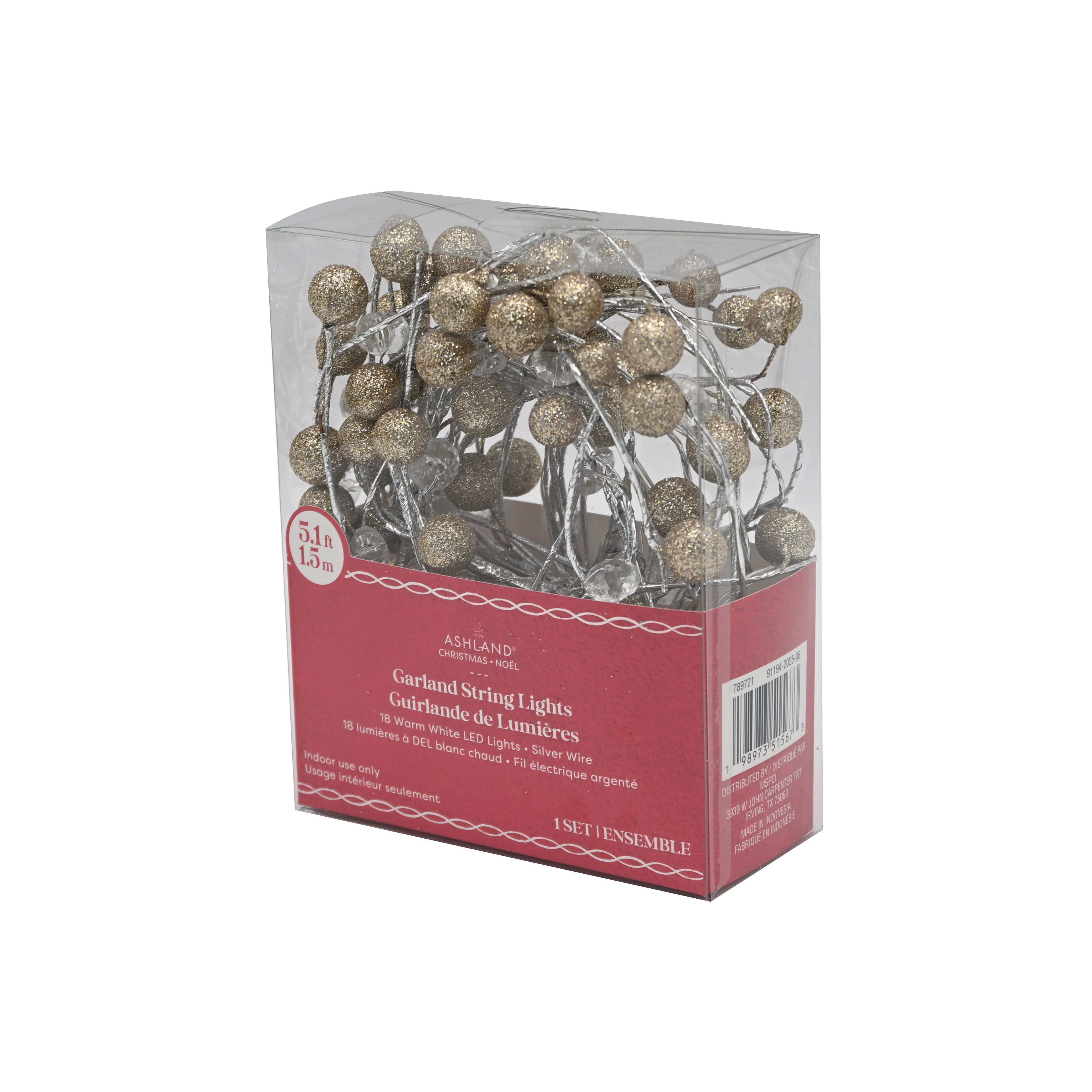 18ct. Warm White LED Gold Glitter & Crystal Bead Garland String Lights on Silver Wire by Ashland®