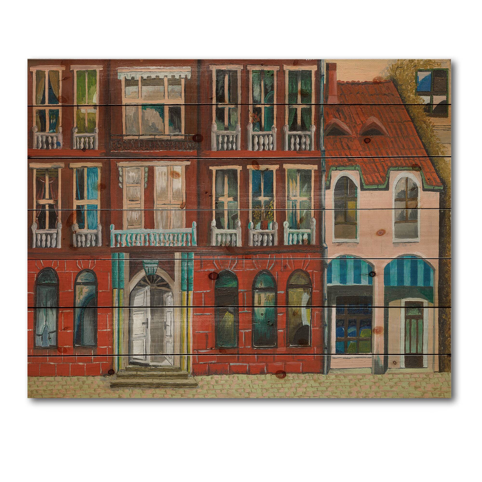 Designart - Red Facade of Shop In Paris I - French Country Print on Natural Pine Wood