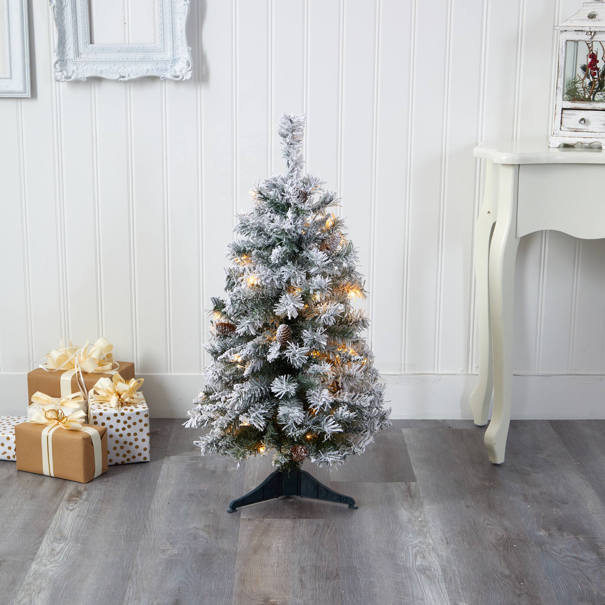 3ft. Pre-Lit Flocked White River Mountain Pine & Pinecones Artificial Christmas Tree with Clear LED Lights