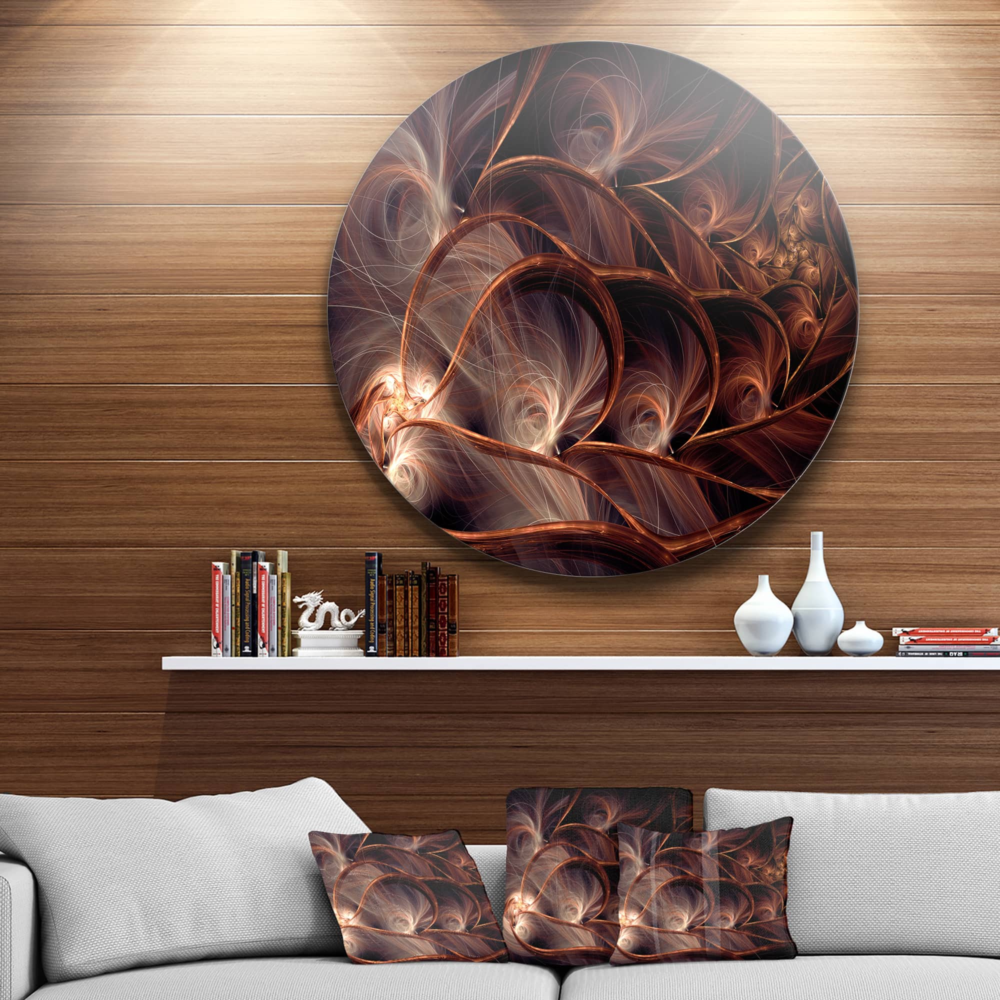 Designart - Glittering Brown Fractal Flower on Black' Floral Metal Circle Wall Art