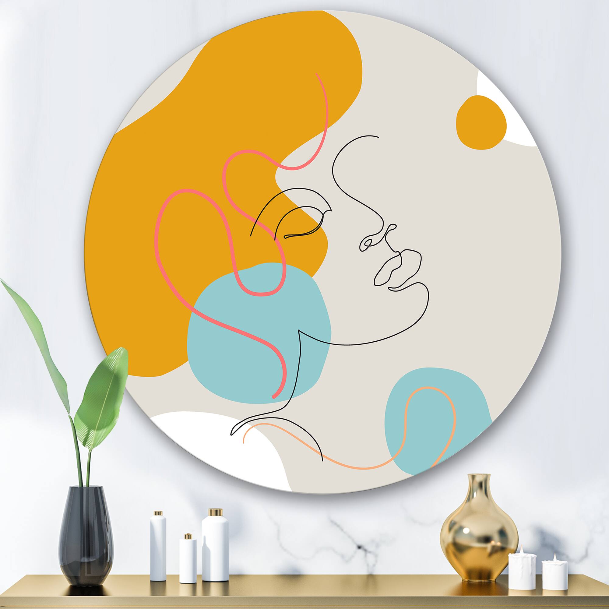 Designart - Minimal One Line Portrait of Female Face I - Modern Metal Circle Wall Art