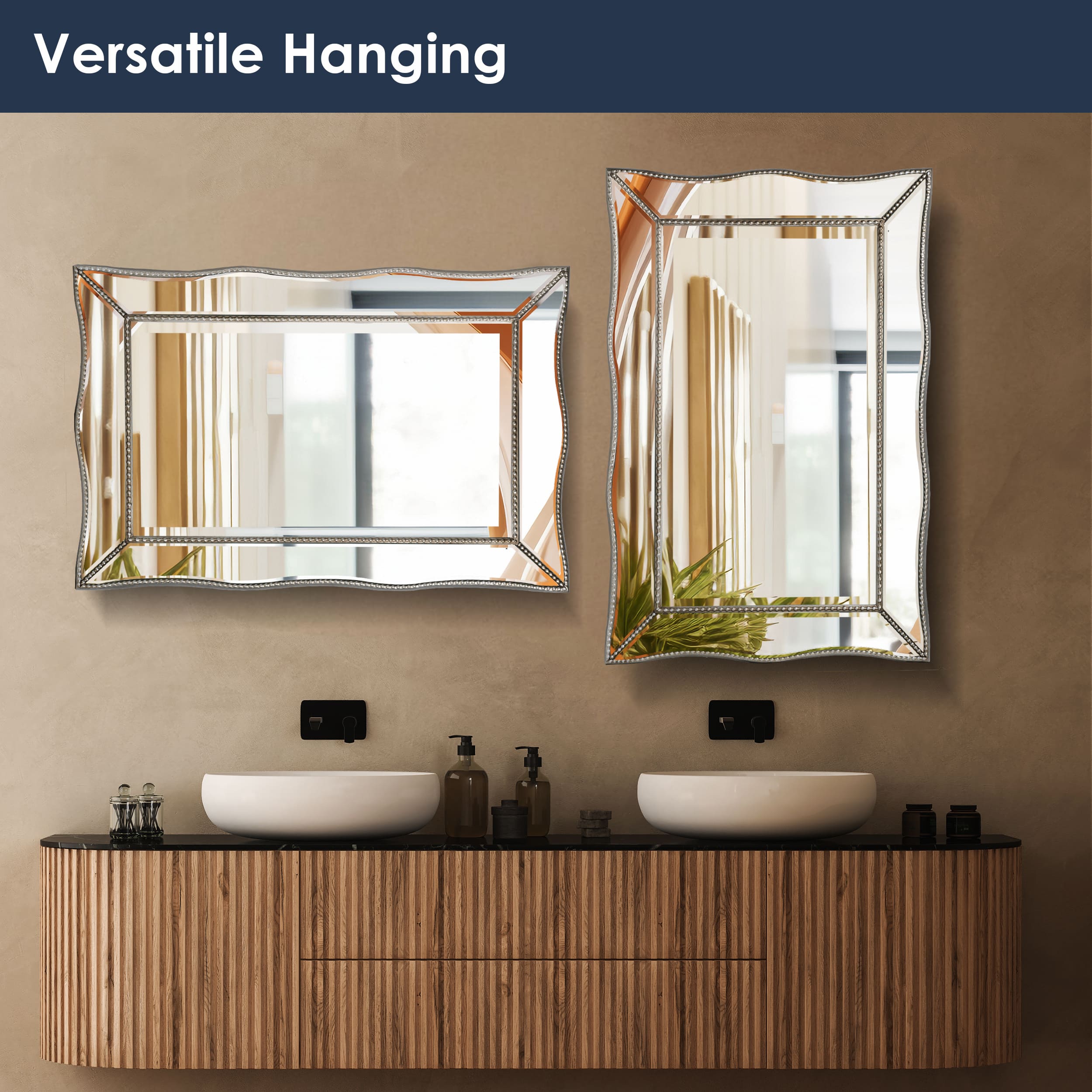 Head West Champagne Silver 24" x 36" Beaded Glass Scalloped Beveled Accent Vanity Mirror
