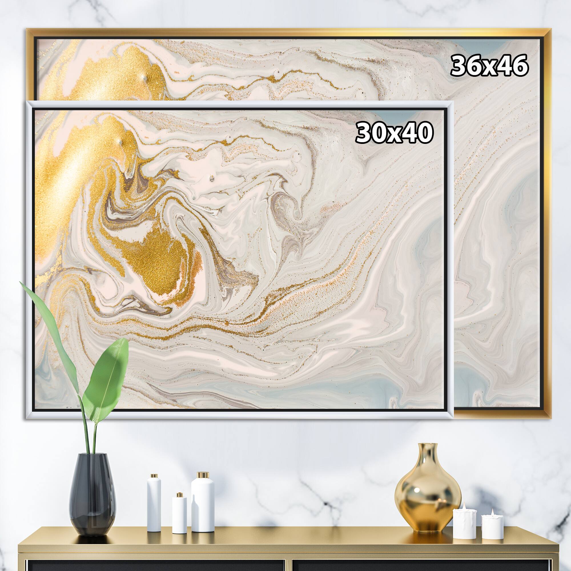 Designart - Pastel and Gold Glitter Marble - Glam Framed Canvas Wall Art Print