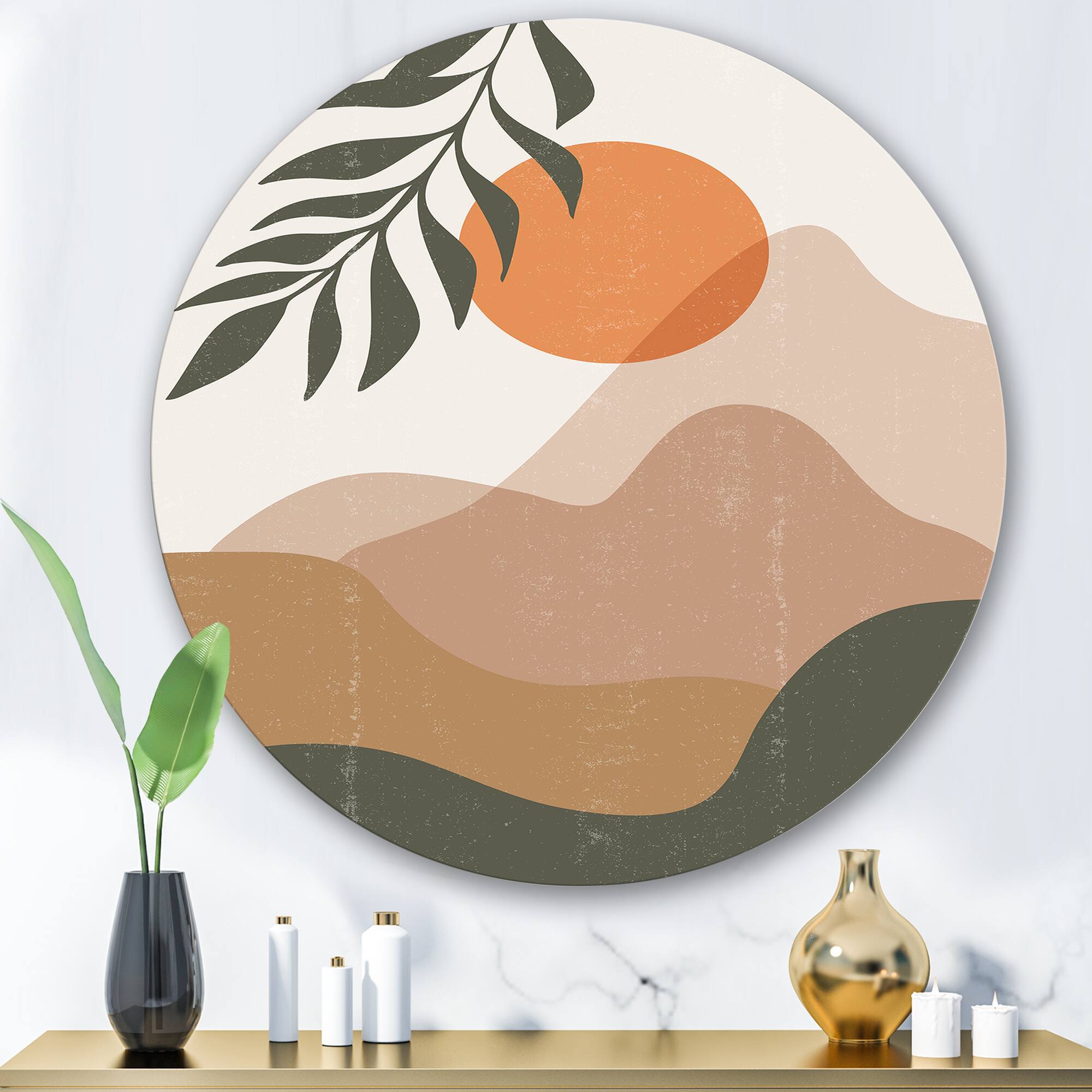 Designart - Abstract Red Moon In Earth Toned Mountains I - Modern Metal Circle Wall Art